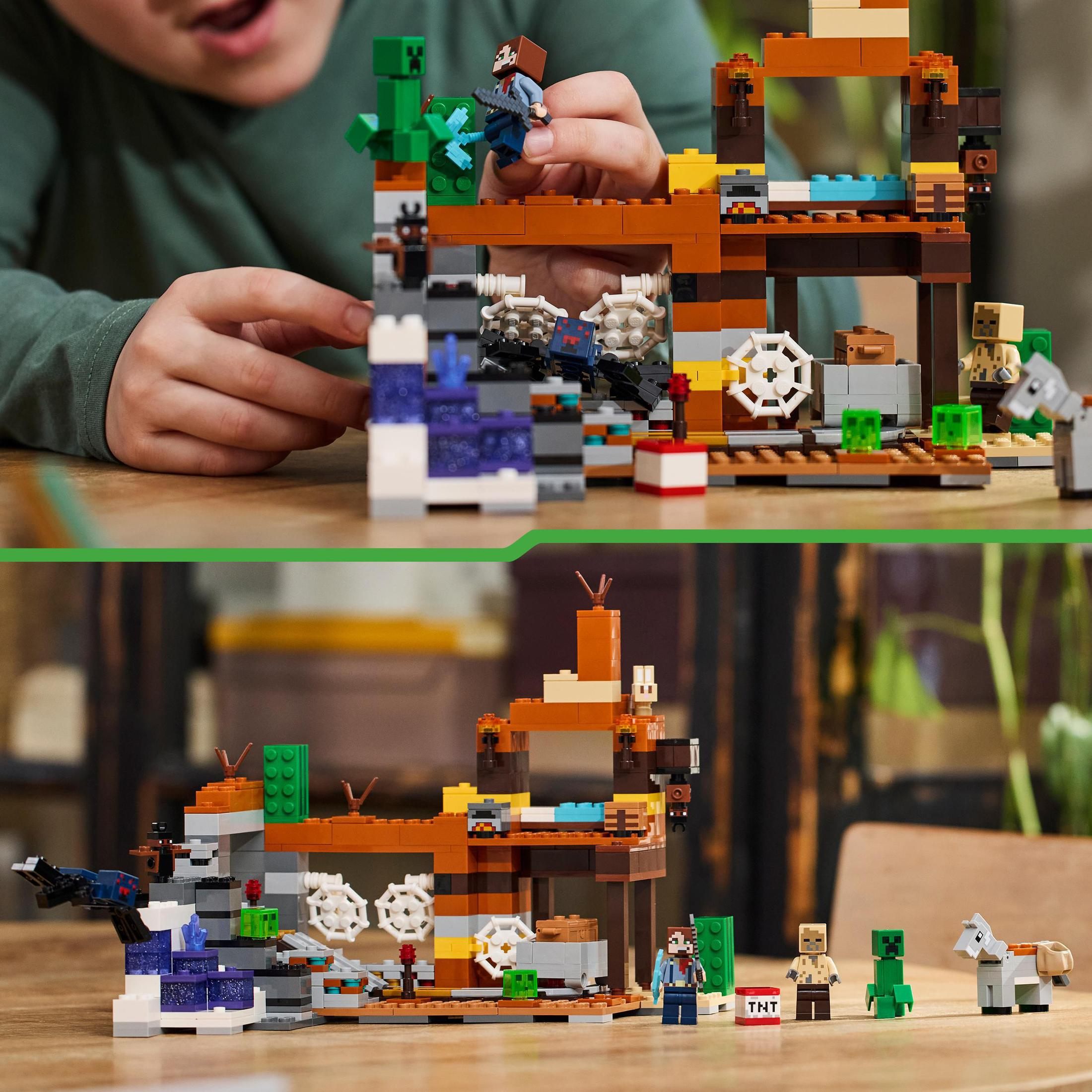 Twee afbeeldingen. Jongen speelt met Lego. De Lego-scène is een Minecraft-bouw.