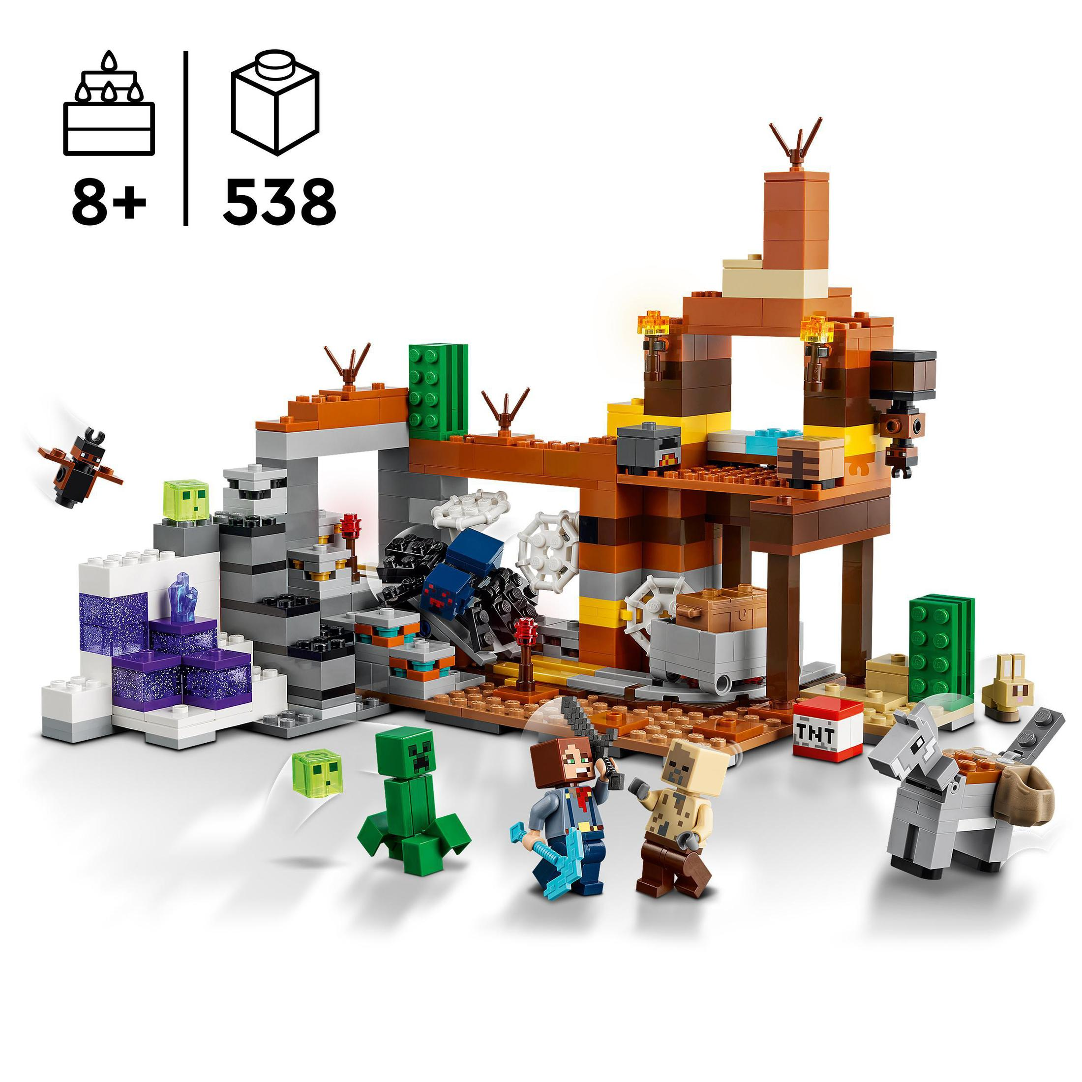 Een Lego Minecraft set met een mijnscène met verschillende figuren en een creeper.