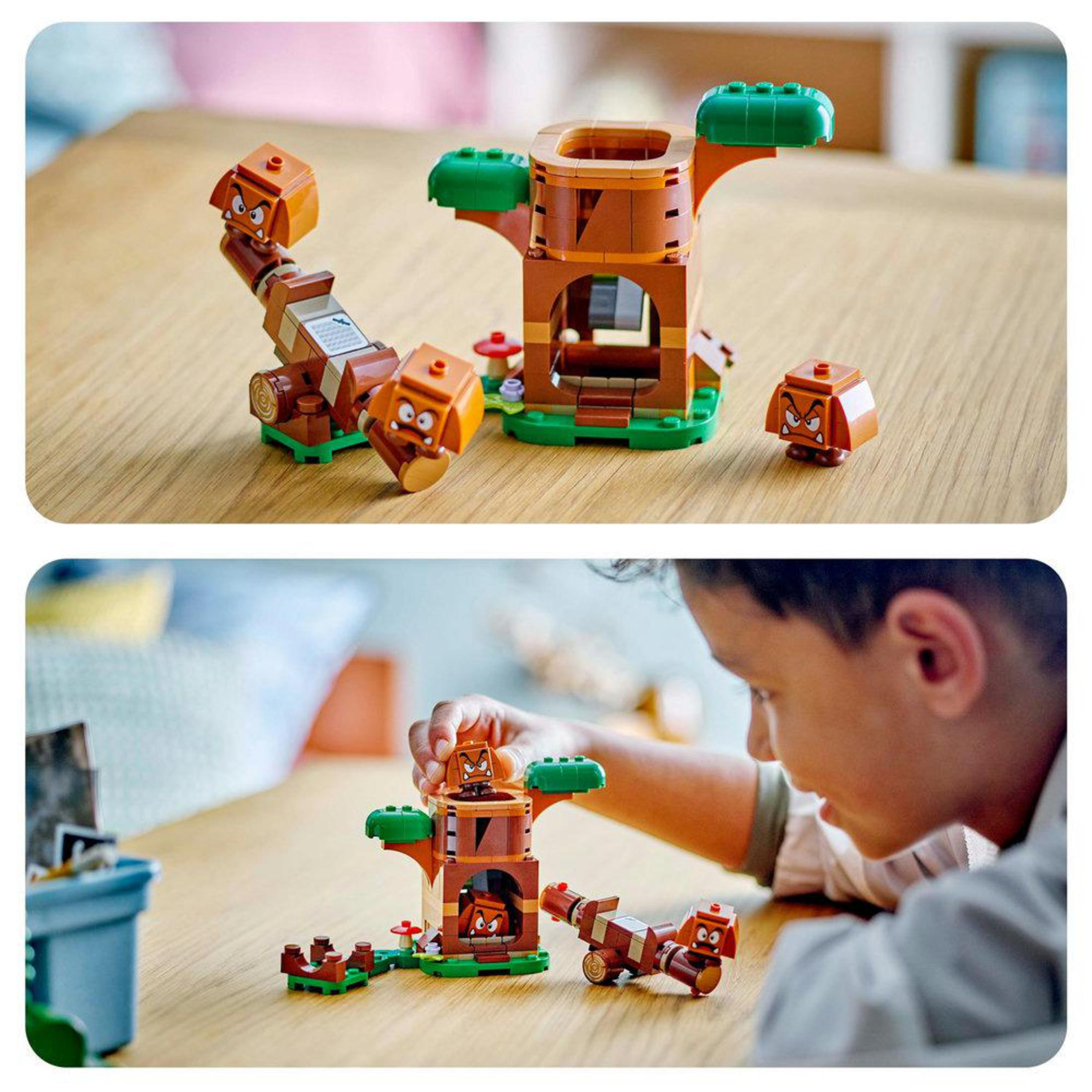 LEGO Super Mario Set. Braune Blöcke bilden einen Baum, mit Mario-Figuren und anderen Charakteren. Spielszene.