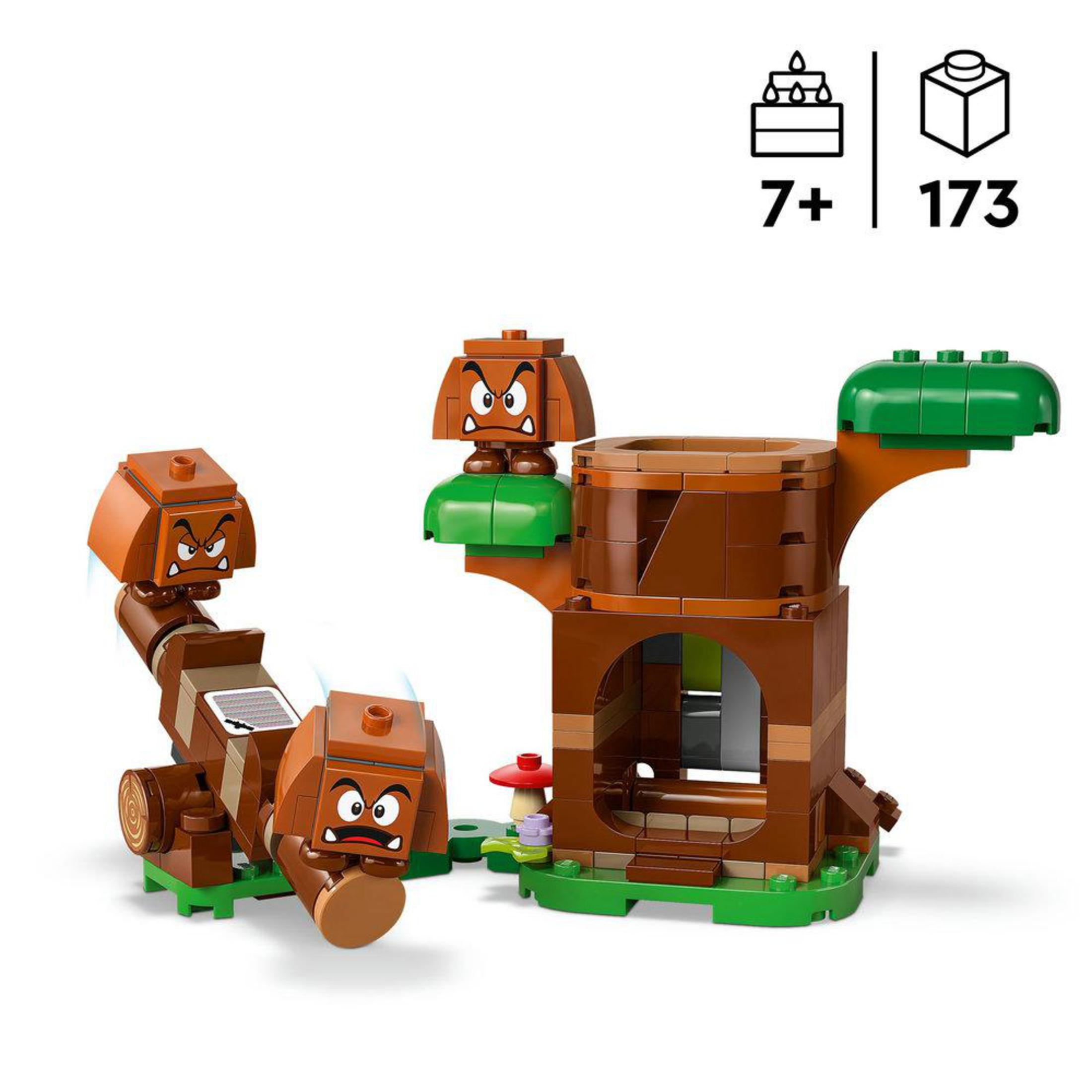 LEGO Super Mario Set. Braune Struktur mit Gumbas, Baum und grünen Basiselementen.