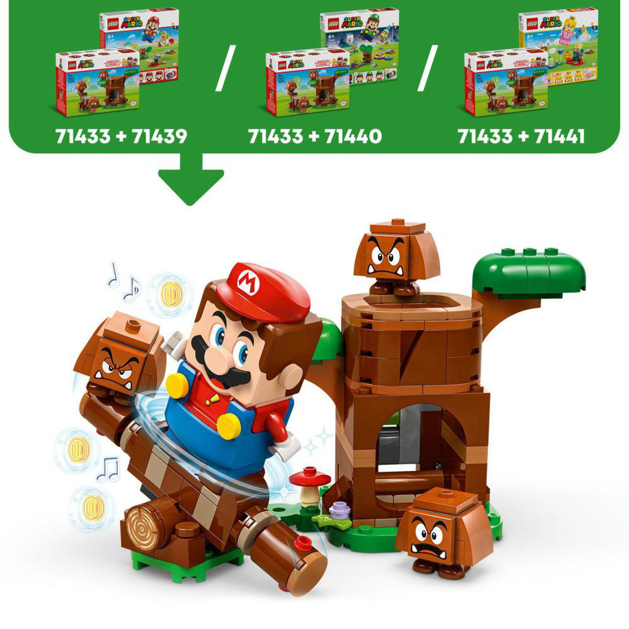 Lego Super Mario Set mit Mario-Figur, Goombas und brauner Baumstruktur. Andere Box-Sets ebenfalls sichtbar.