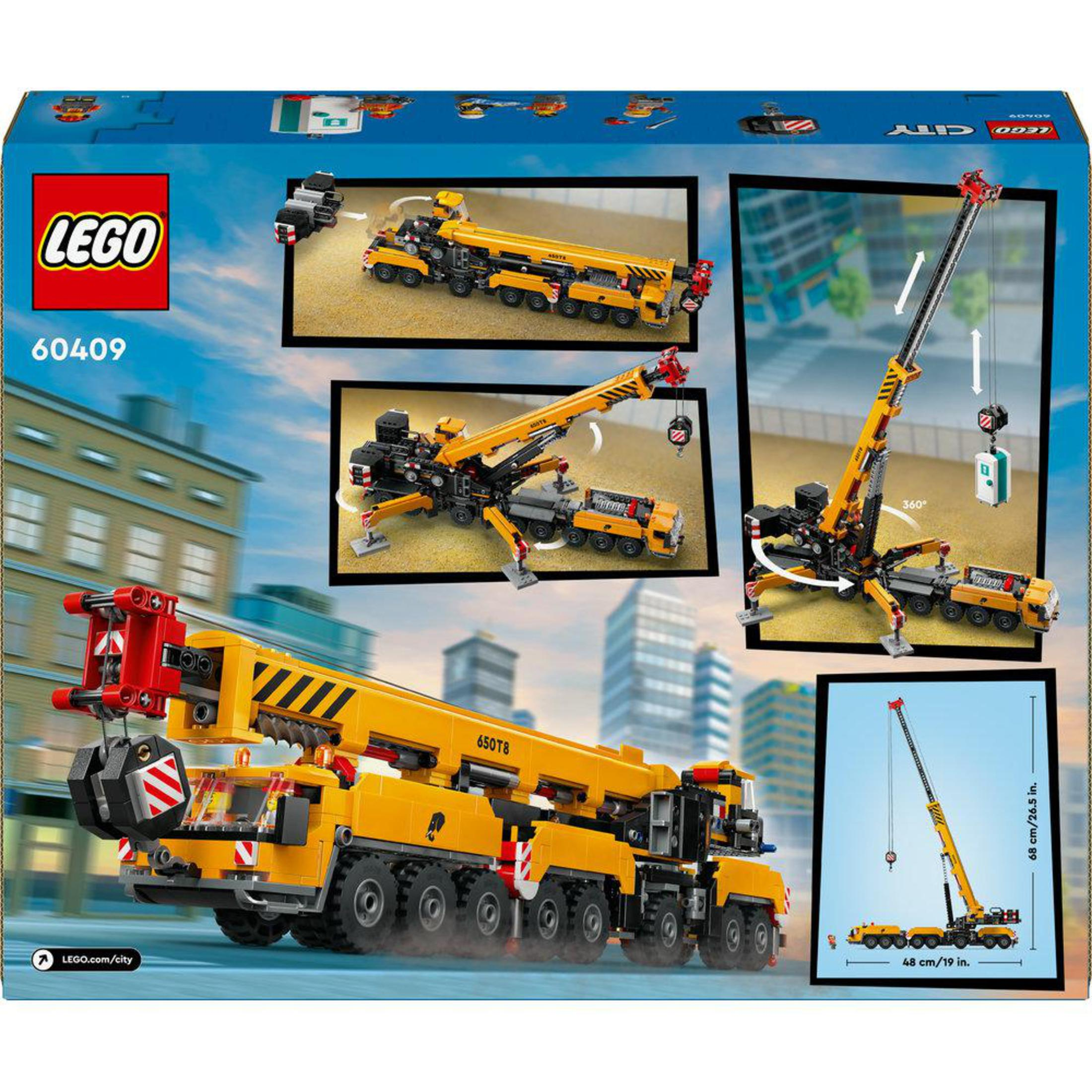 Caja del set Lego City grúa con grúa, vehículos y una construcción detallada.