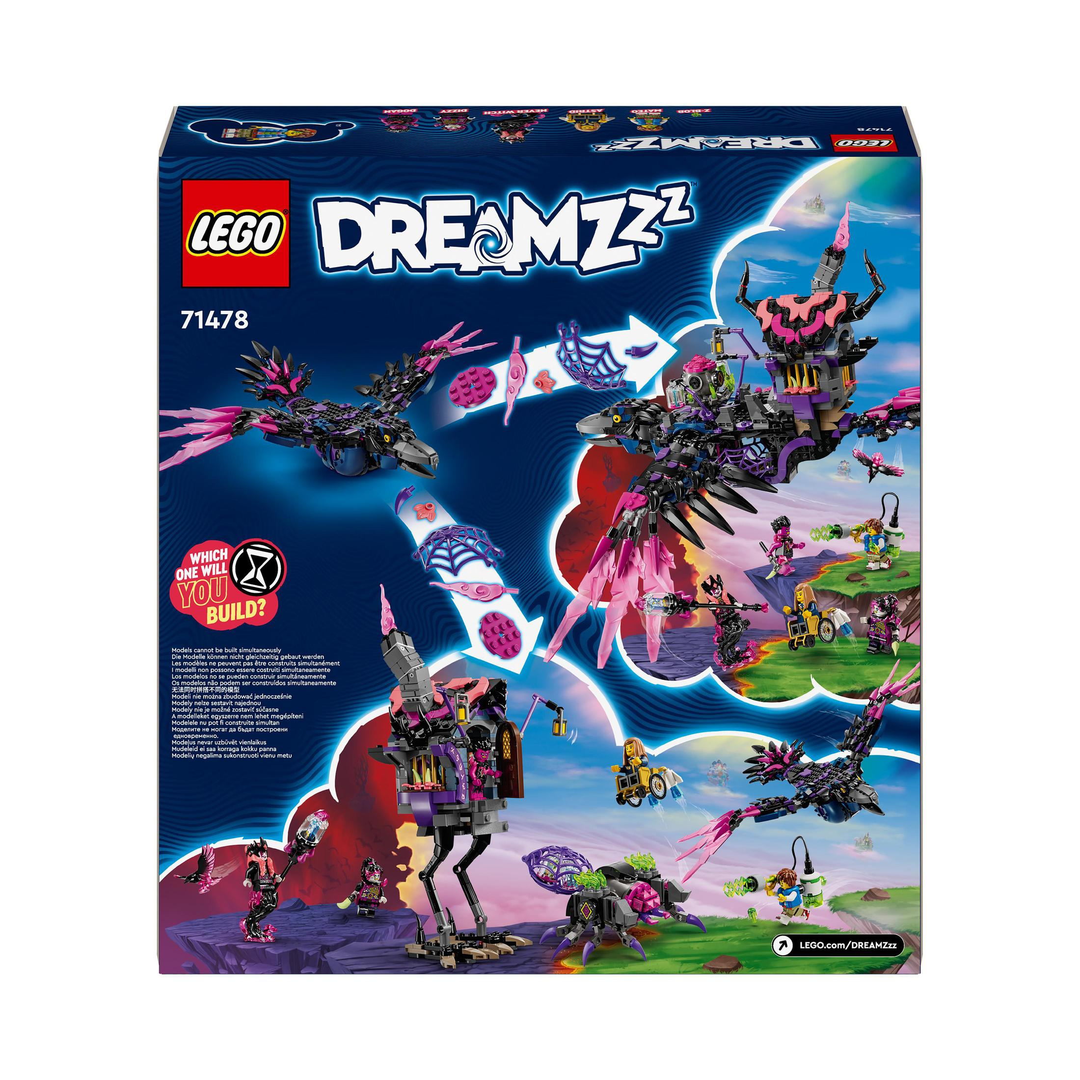 Lego Dreamzzz Box zeigt verschiedene Fantasiewesen und Strukturen. Es enthält mehrere Minifiguren auf blauem Hintergrund.