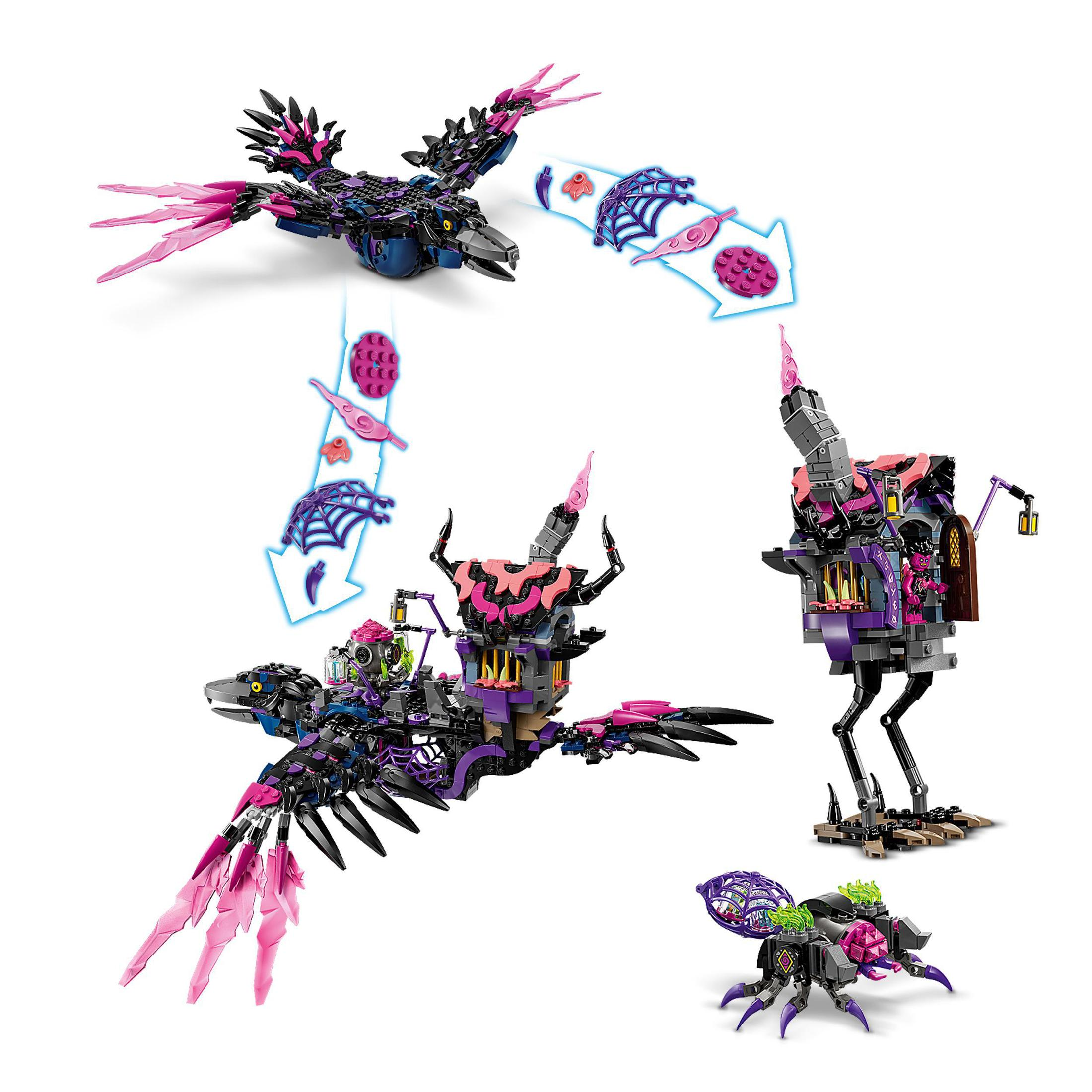 LEGO-Set mit einem schwarz-violetten Vogel, der sich in verschiedene Strukturen verwandelt.