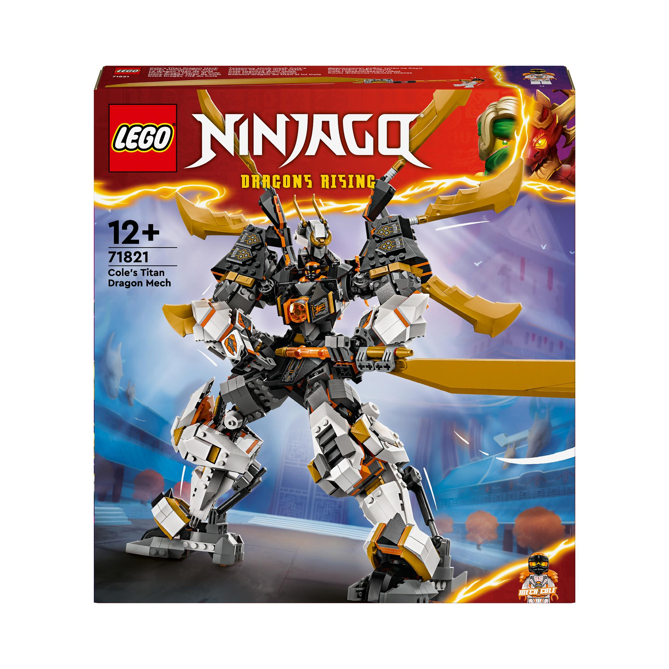 Pudełko LEGO Ninjago z Titan Dragon Mech. Mech jest czarny, złoty i biały.
