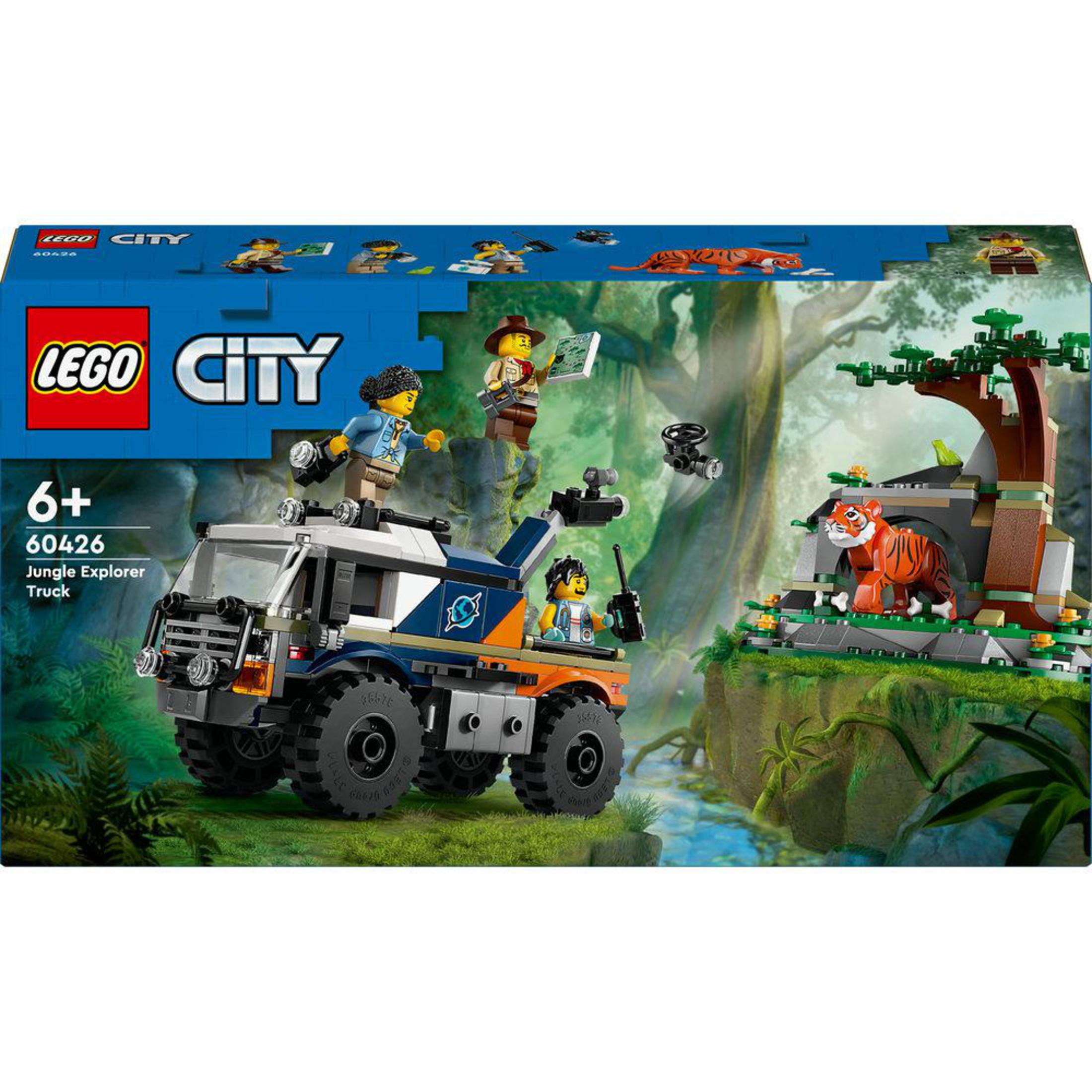 Pudełko zestawu Lego City Jungle Explorer Truck, z figurkami i sceną z tygrysem.