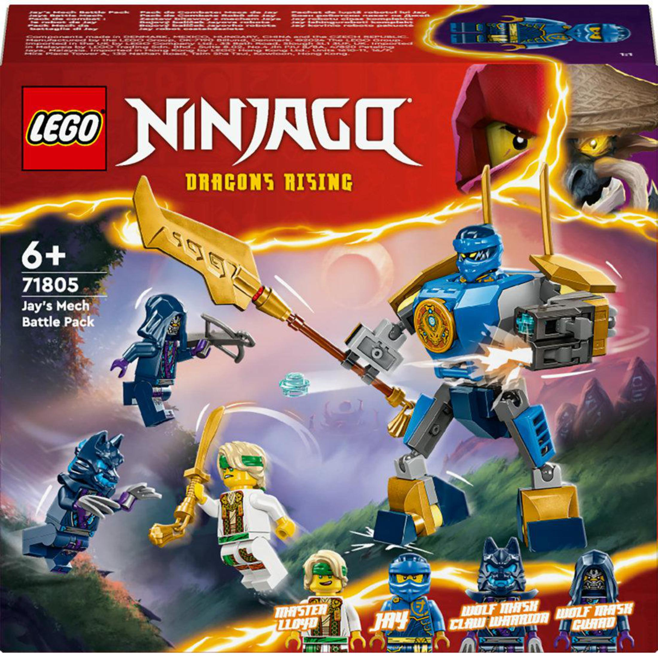 LEGO Ninjago set. Blauwe mech figuur met diverse minifiguren en een draak.