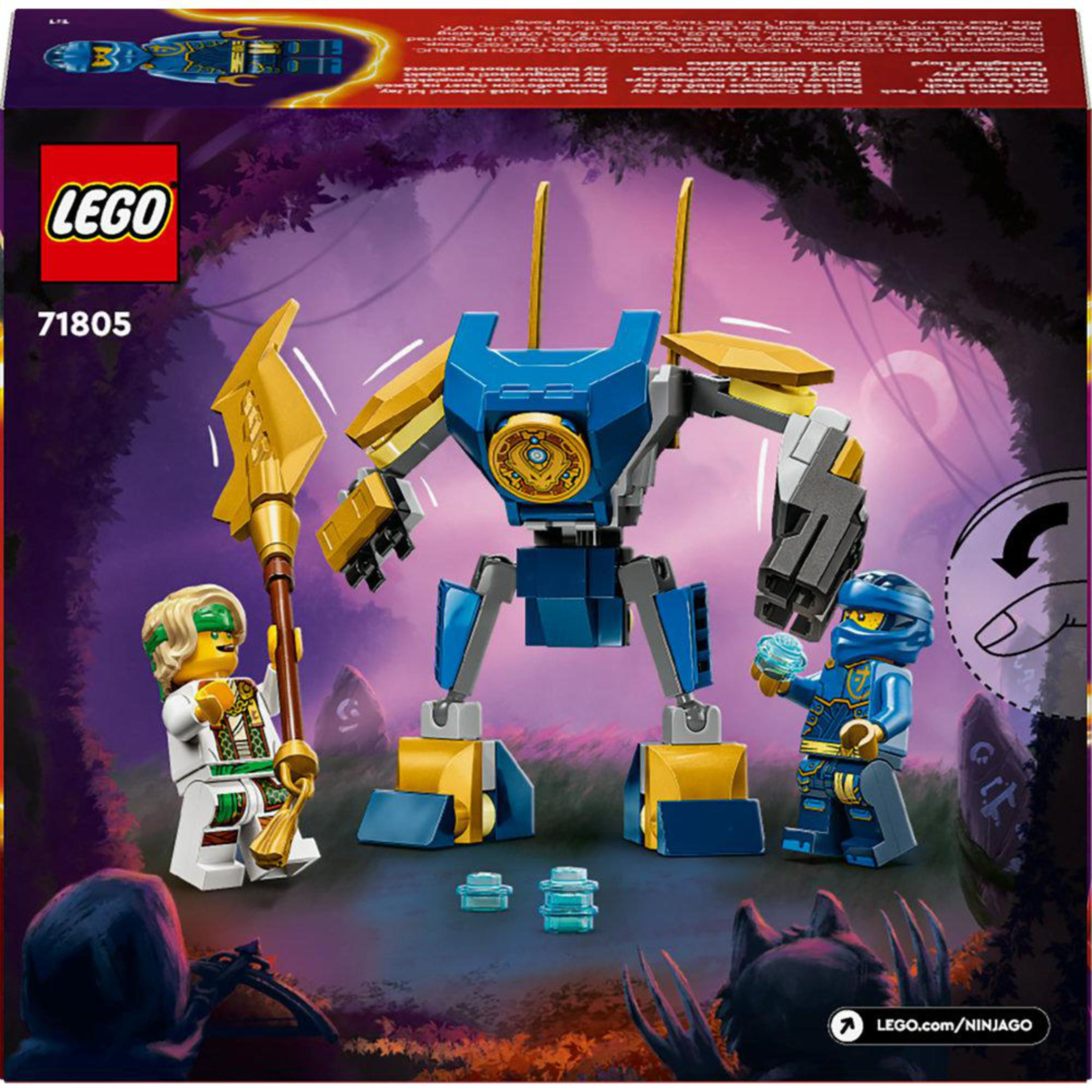 Een Lego setdoos toont een blauwe en gouden mech met 2 minifiguren en een ninja scène.