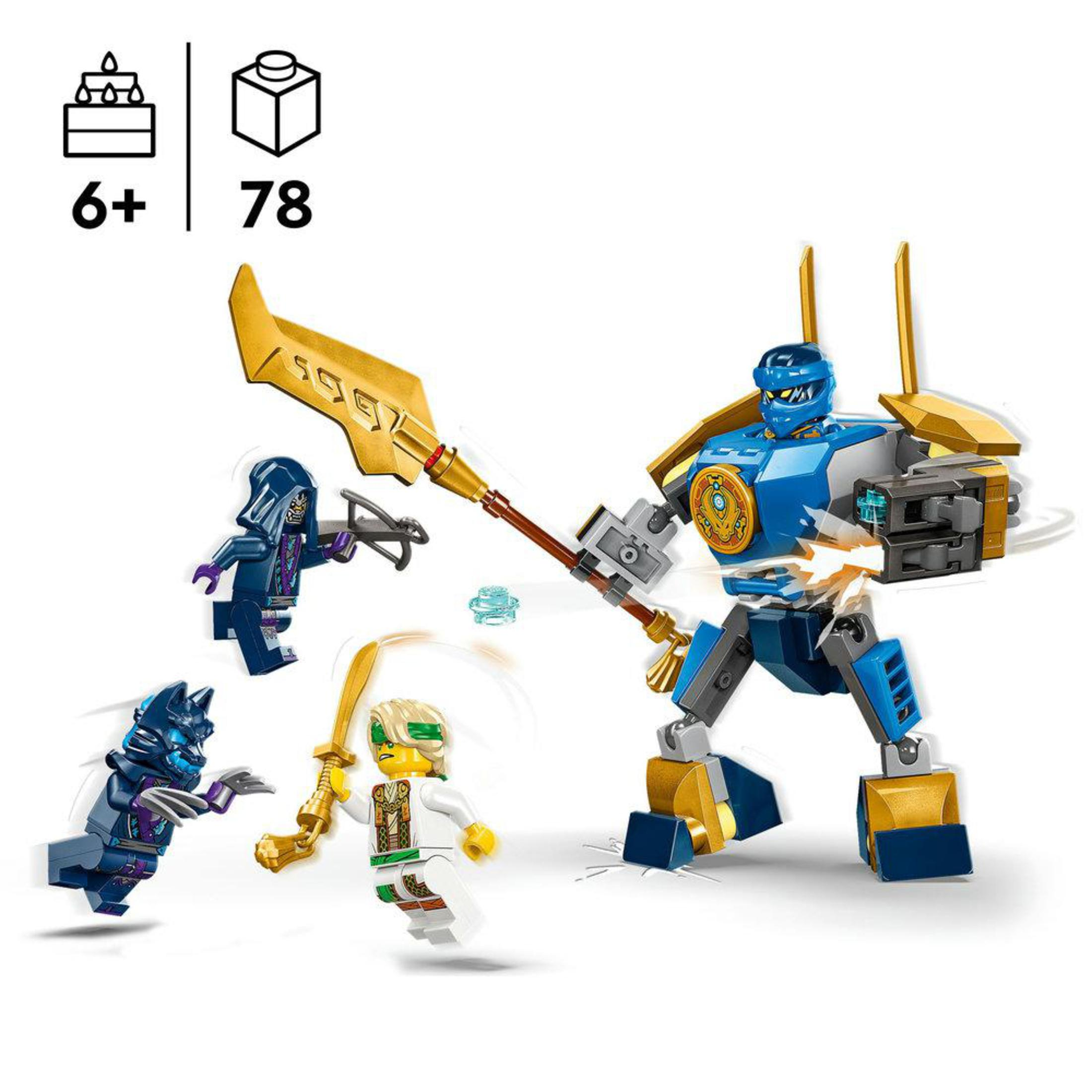 LEGO Ninjago set. Inclusief robot, ninja figuren en andere personages. Blauwe, gouden en zwarte robot met andere figuren.