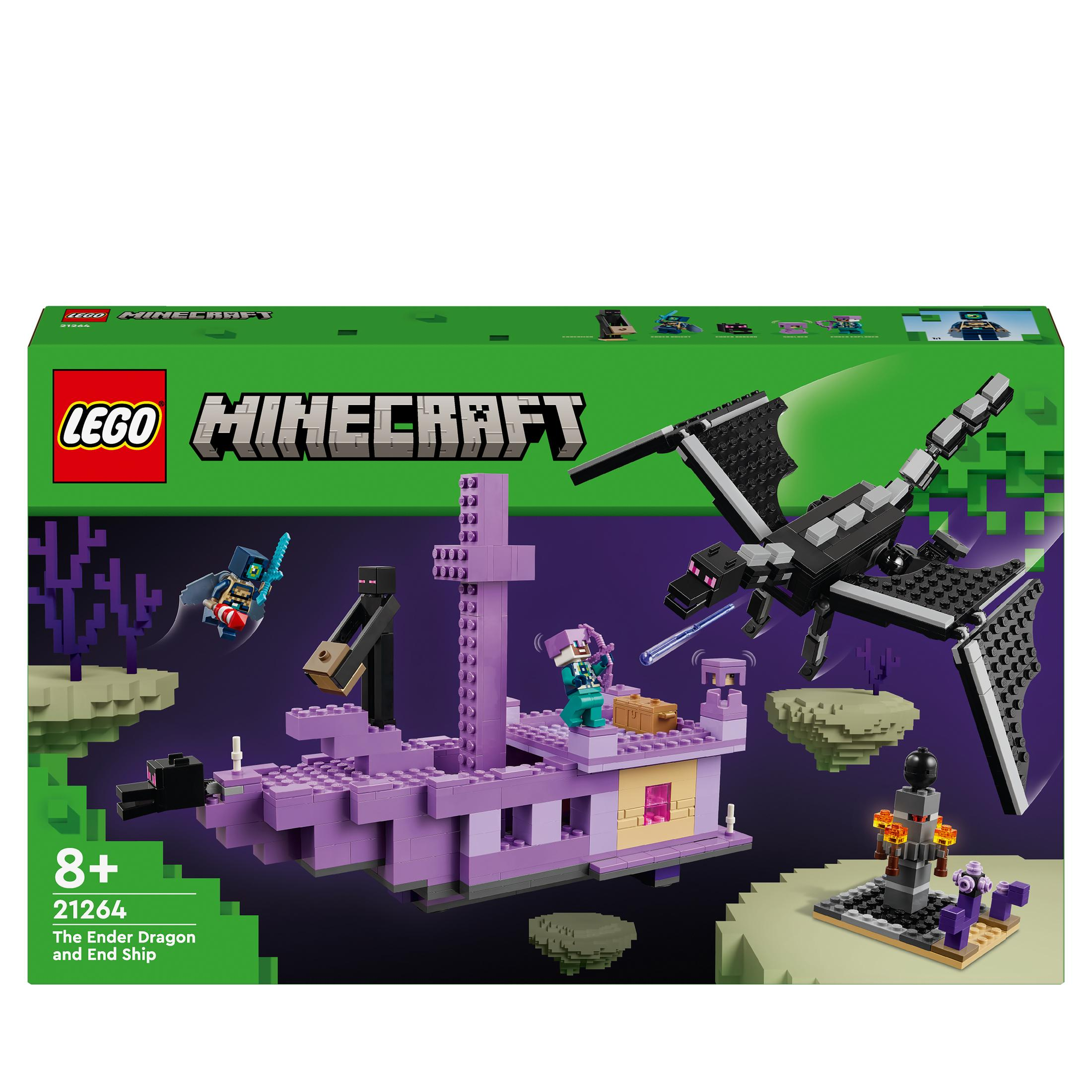 Zestaw Lego Minecraft: The Ender Dragon and End Ship, z figurkami i strukturami.