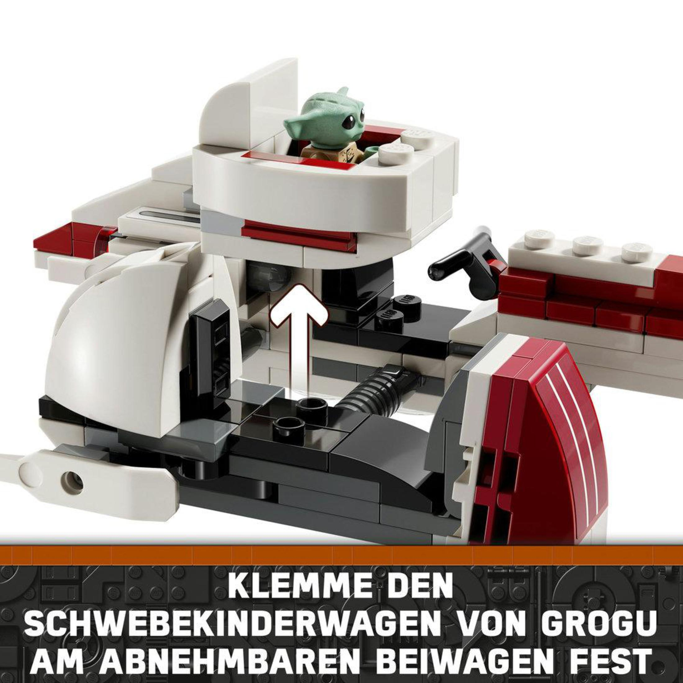 Zestaw LEGO Star Wars pokazujący wózek Grogu przymocowany do statku, biało-czerwoną konstrukcję.