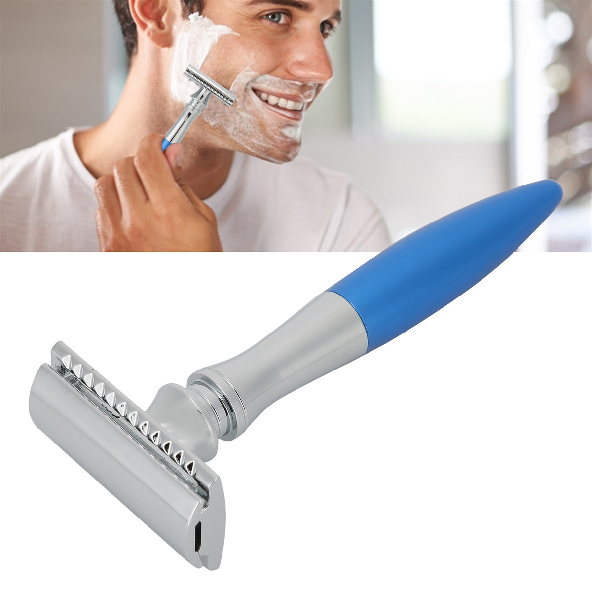 Ein Mann rasiert sich mit einem blauen und silbernen Rasierer, weißer Rasierschaum sichtbar.