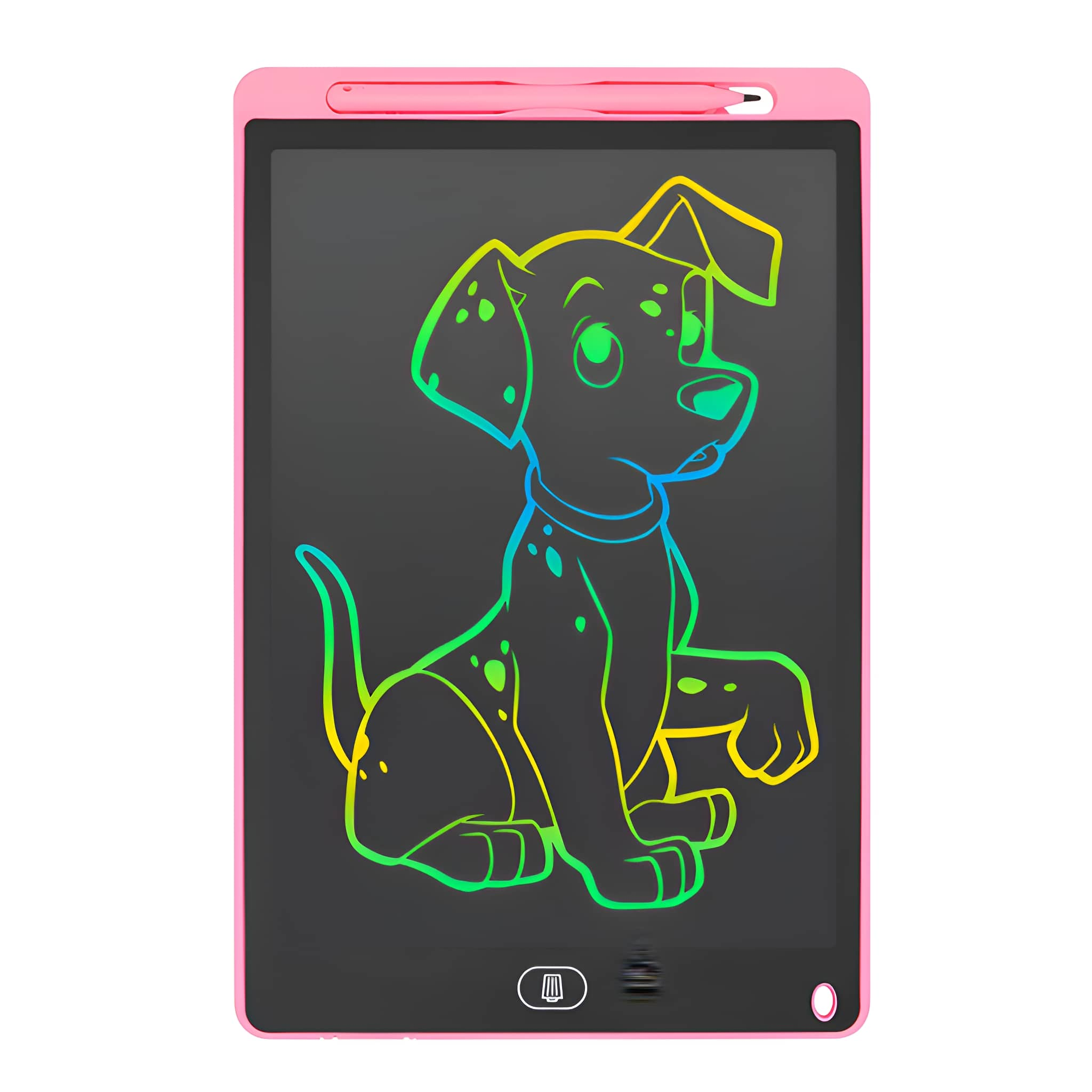 Ein pinkfarbenes Tablet zeigt eine farbenfrohe Umrisszeichnung eines Hundes mit Stift.