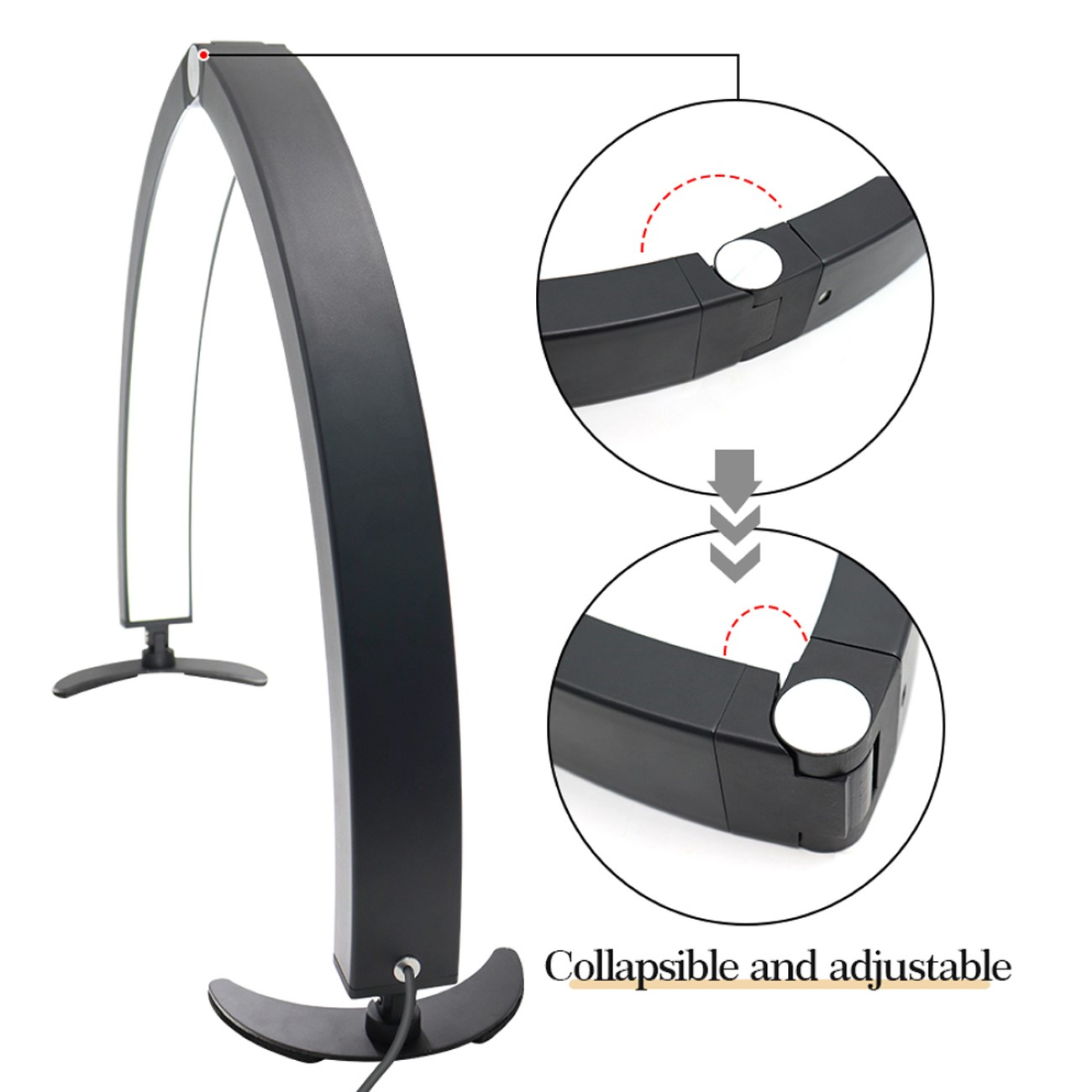 Eine schwarze, verstellbare Schreibtischlampe mit geschwungenem Design.