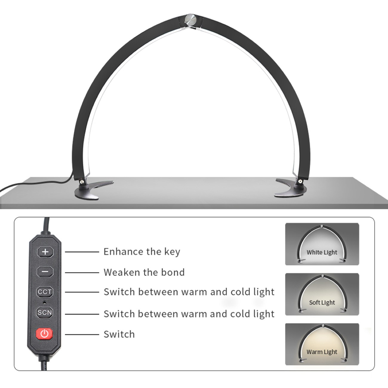 Schwarze bogenförmige Schreibtischlampe mit Bedienfeld und Lichtoptionen.