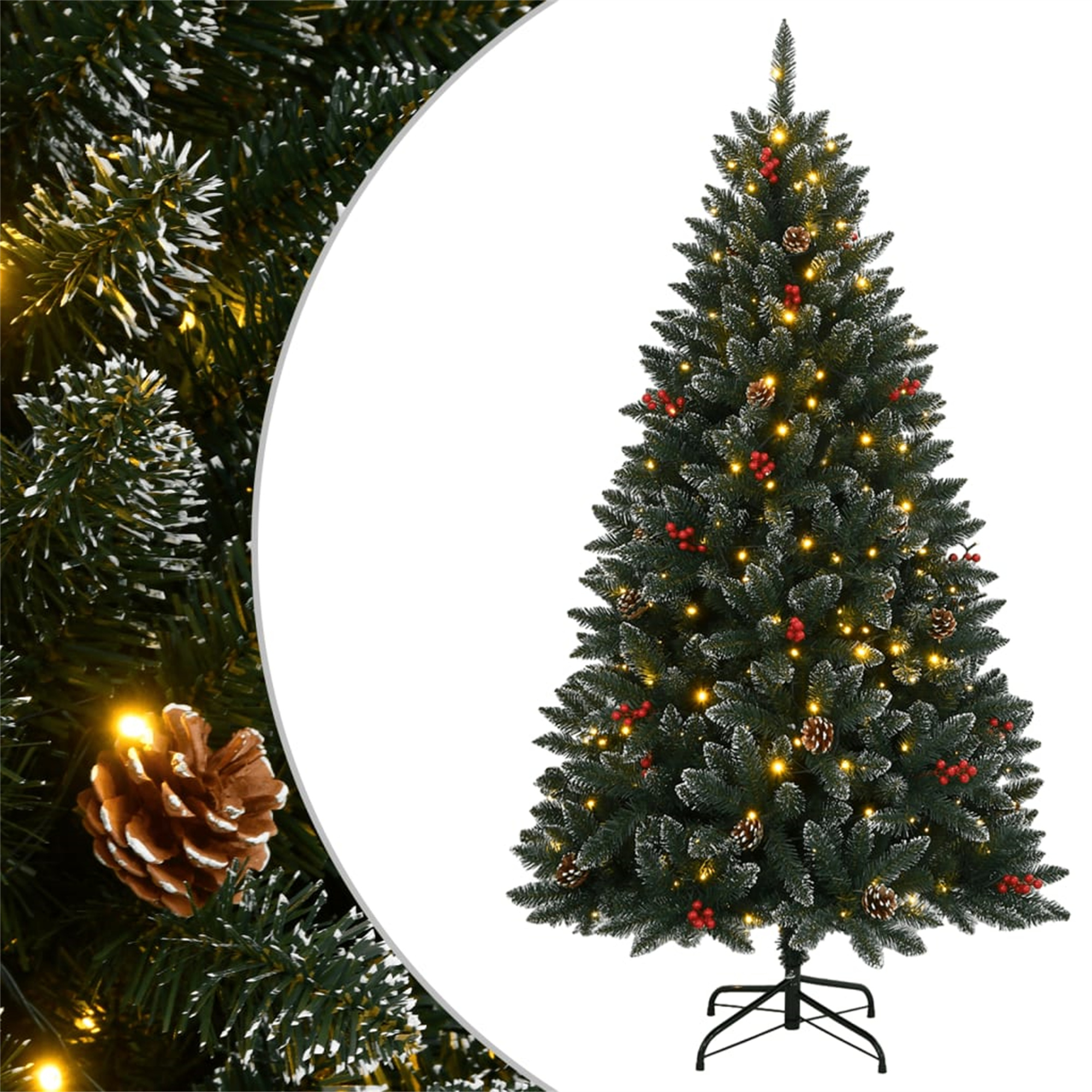 Ein Weihnachtsbaum mit Lichtern und Ornamenten, links ein Tannenzapfen.