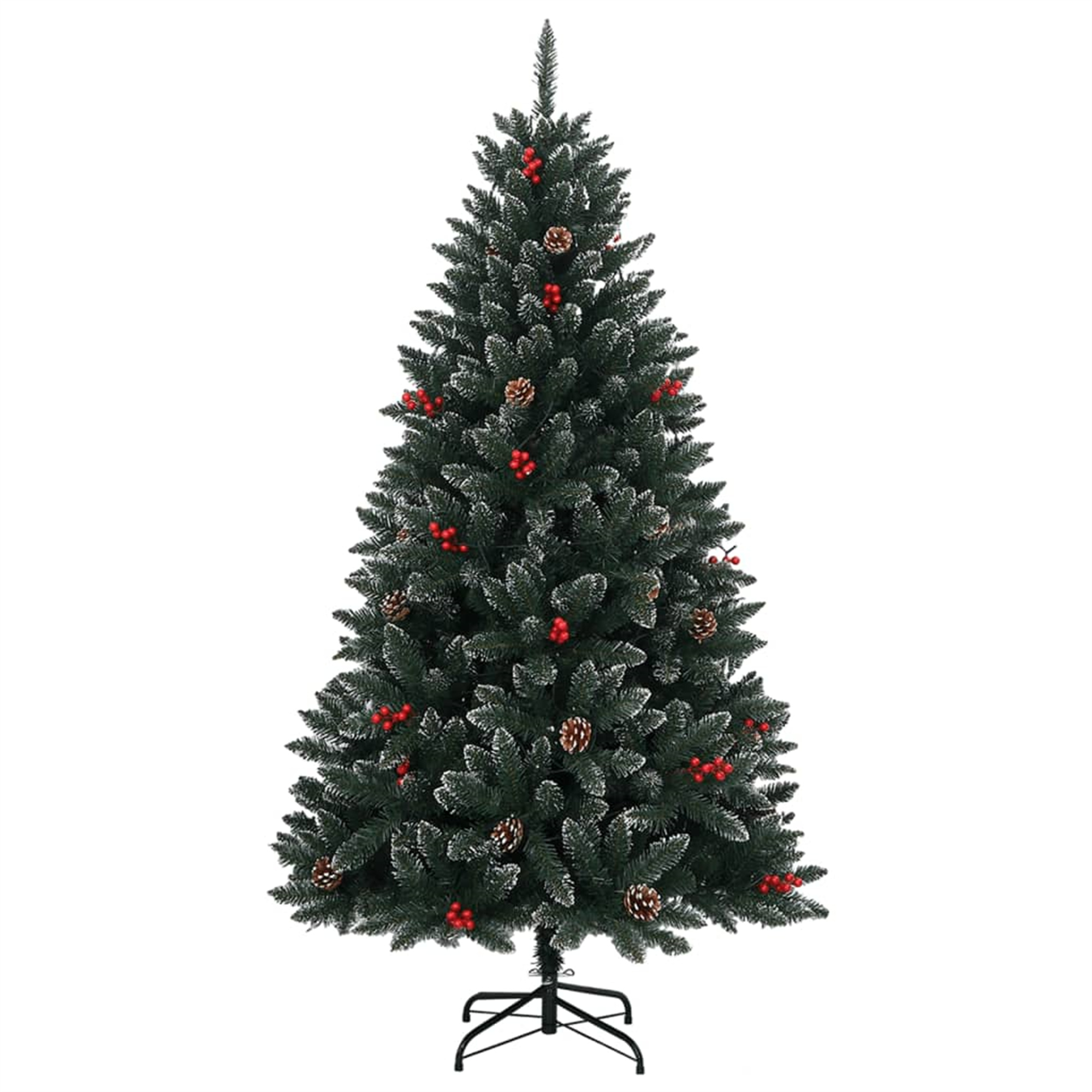 Ein künstlicher Weihnachtsbaum mit grünen Nadeln, roten Beeren und Tannenzapfen auf weißem Hintergrund.