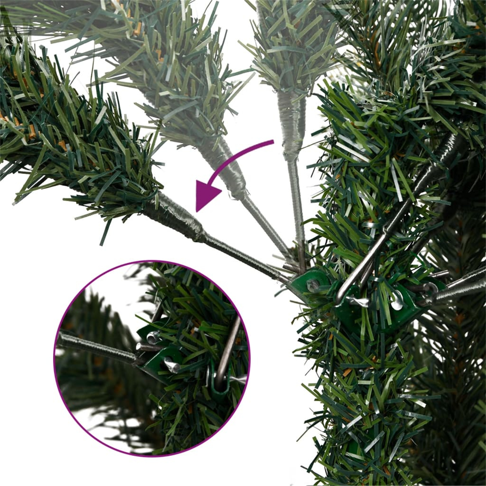 Nahaufnahme eines grünen künstlichen Weihnachtsbaumzweigs, der zusammengebaut wird.