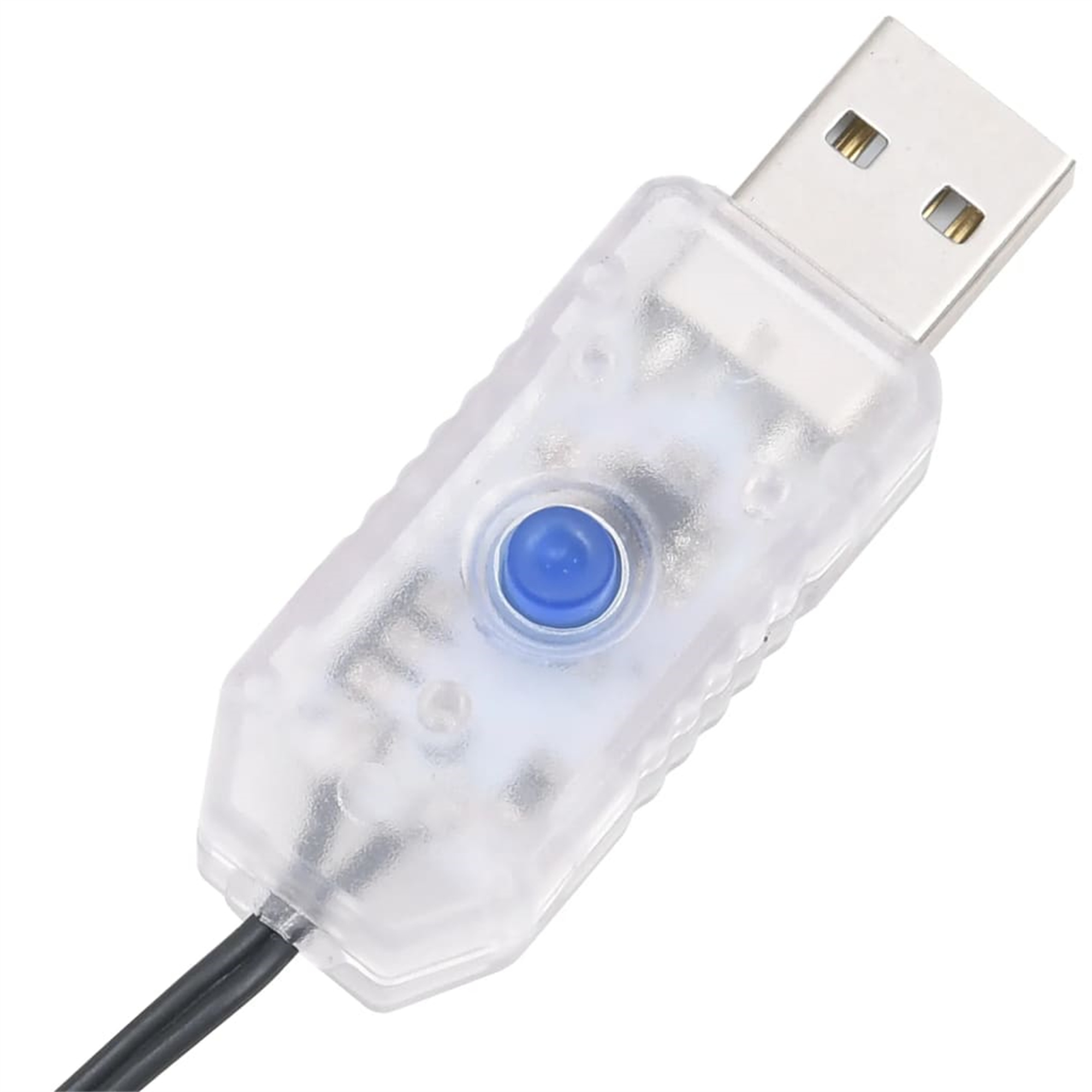 USB-Netzteil mit blauem Knopf. Der Adapter ist transparent und das Kabel schwarz.