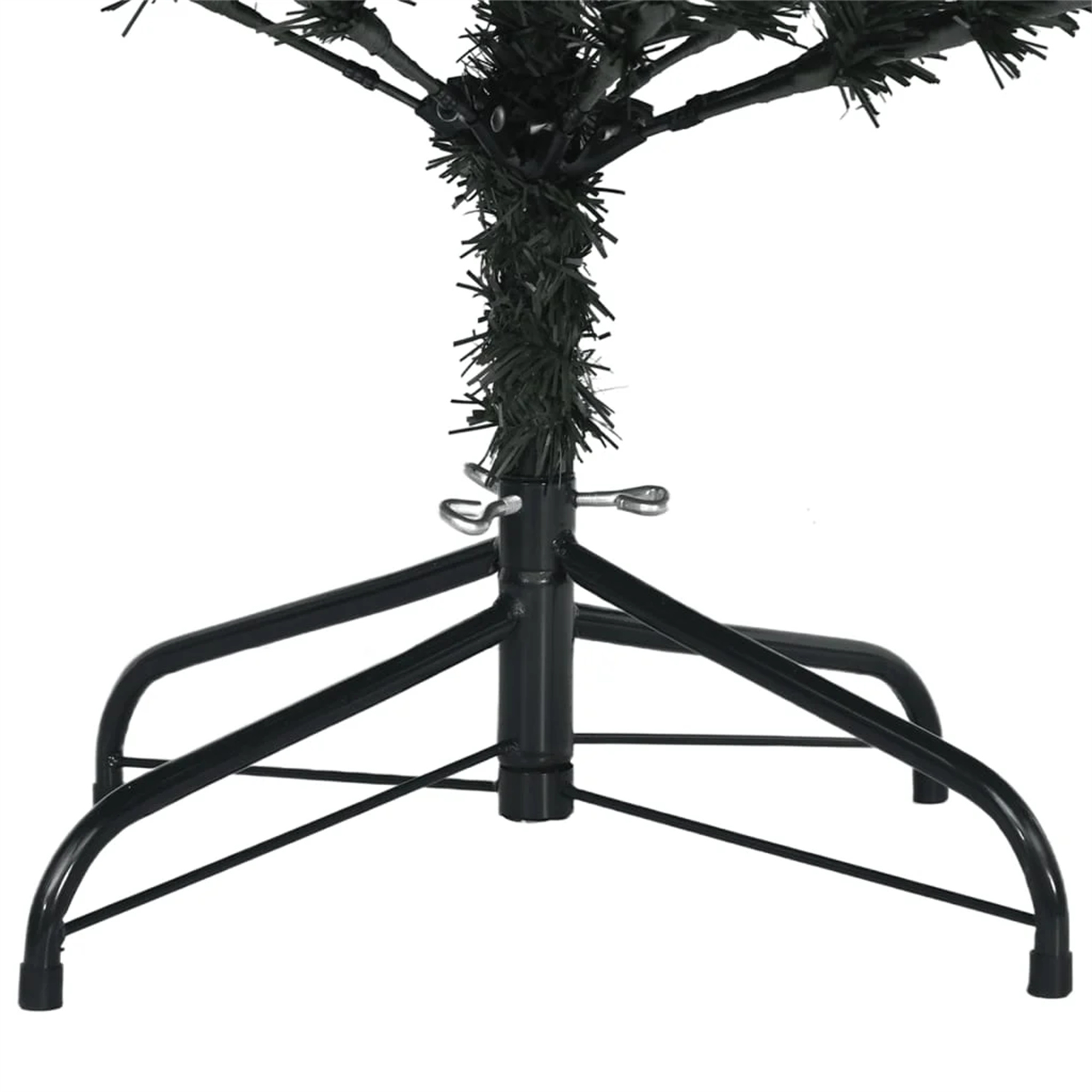 Der Fuß eines schwarzen Weihnachtsbaums mit einem Metallständer.
