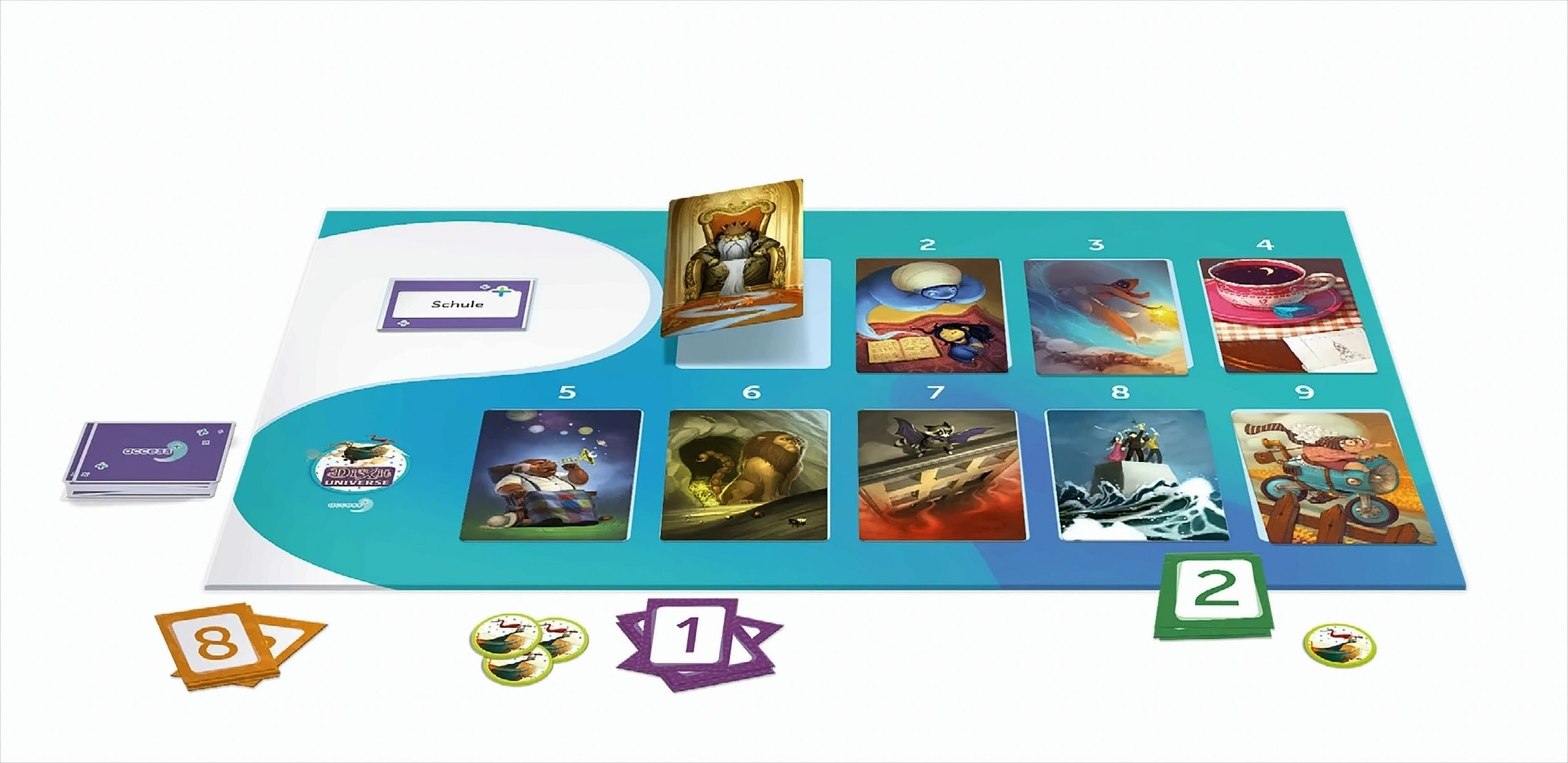 Ein Brettspiel mit Karten und Spielsteinen. Das Hauptbrett hat ein blaues und weißes Design.