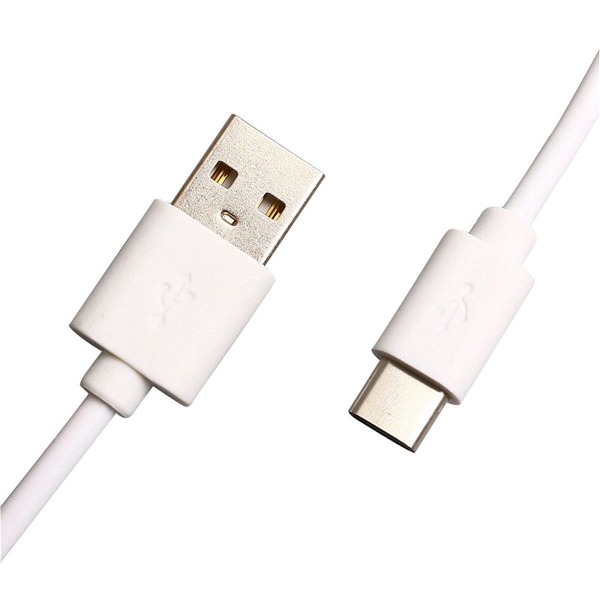 Weißes USB-zu-USB-C-Kabel. USB- und USB-C-Anschlüsse sind sichtbar.