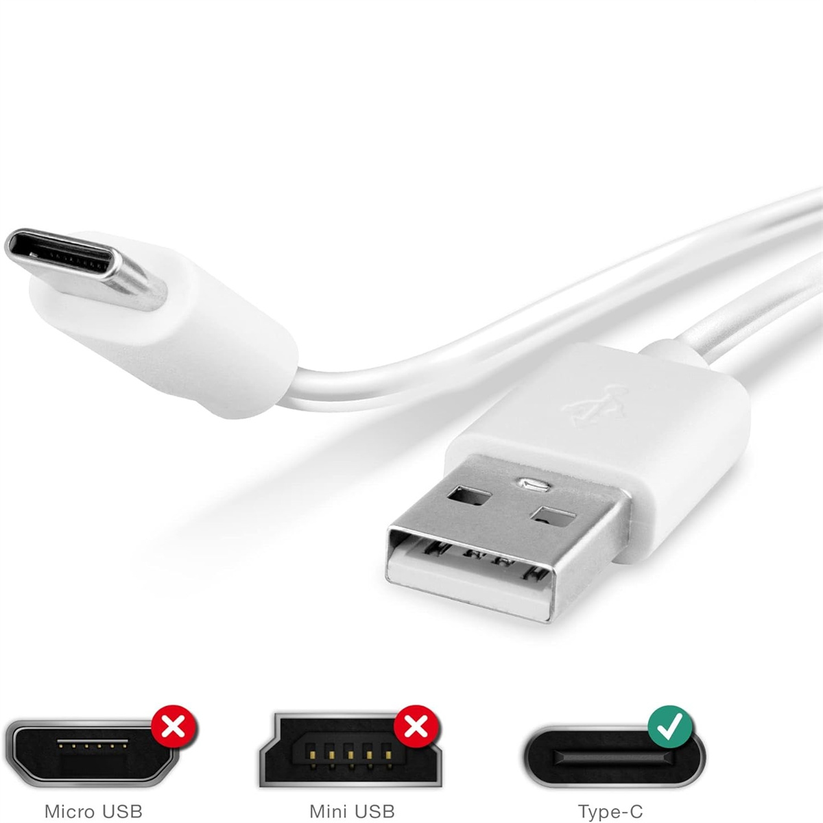 Weißes USB-C-Kabel mit USB- und Micro-USB-Anschlüssen und einem Typ-C-Anschluss mit Häkchen.
