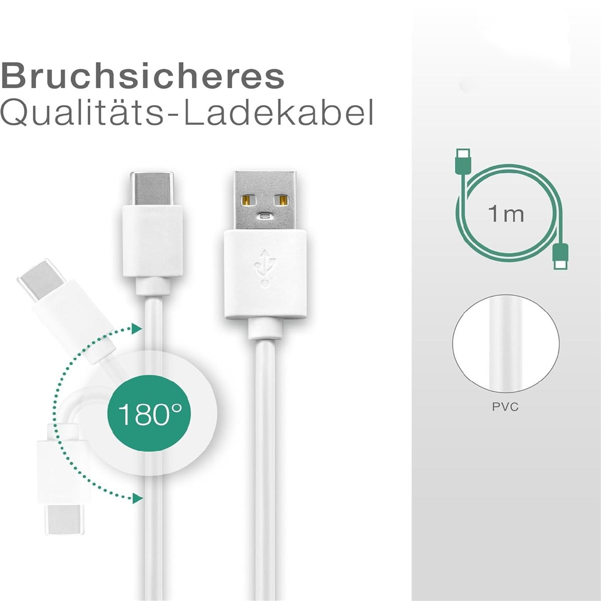 Weißes USB-Ladekabel mit 180-Grad-Biegung und 1m Länge. Text: Hochwertiges Ladekabel.