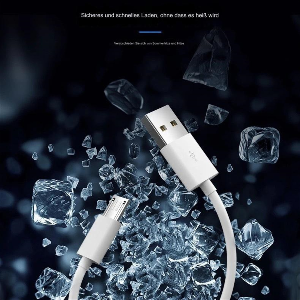 Weißes USB-Ladekabel mit USB- und Micro-USB-Anschlüssen, umgeben von Eiswürfeln auf dunklem Hintergrund.