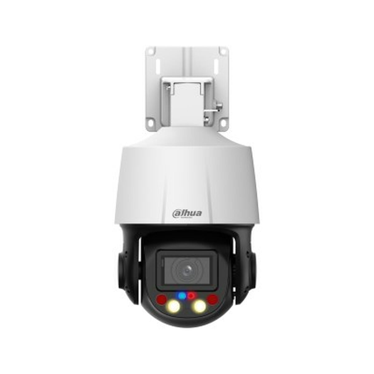White and black security camera mounted on a bracket, with visible lights.