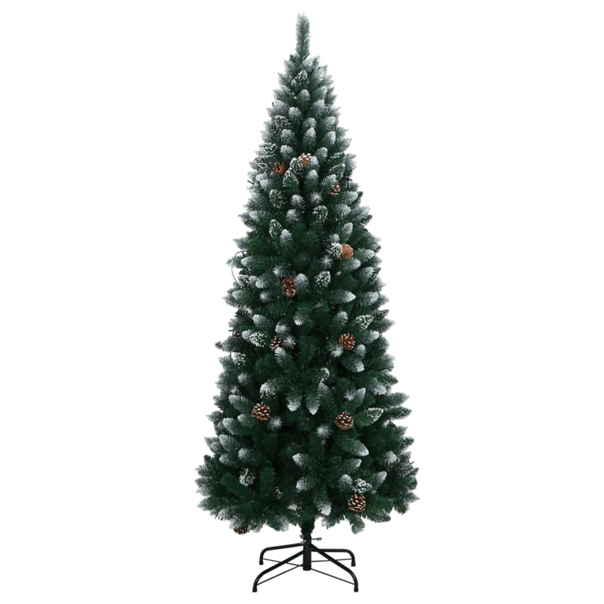 Hoher, schneebedeckter Weihnachtsbaum auf weißem Hintergrund. Der Baum ist grün mit Schnee und Tannenzapfen.