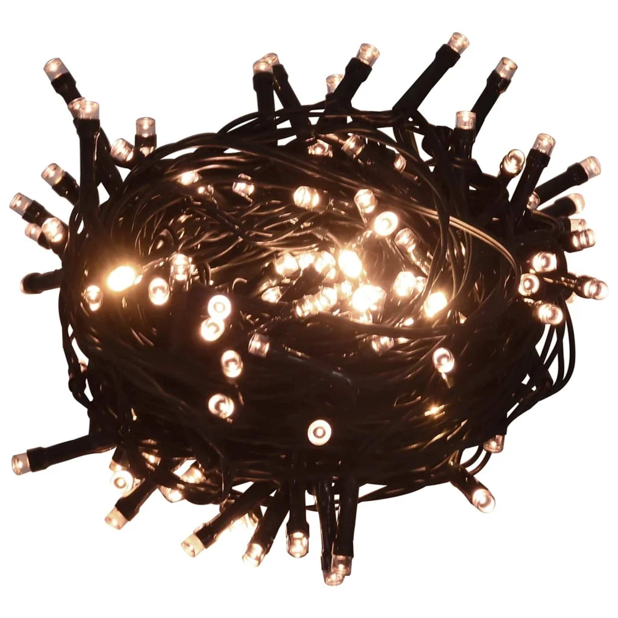 Lichterkette in Kugelform, mit vielen kleinen, hellen Lichtern, auf weißem Hintergrund.