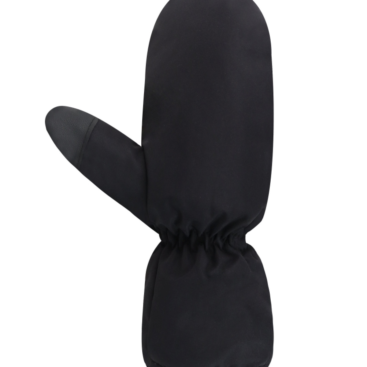 Ein schwarzer Fausthandschuh mit dunkelgrauer Touchscreen-Spitze.