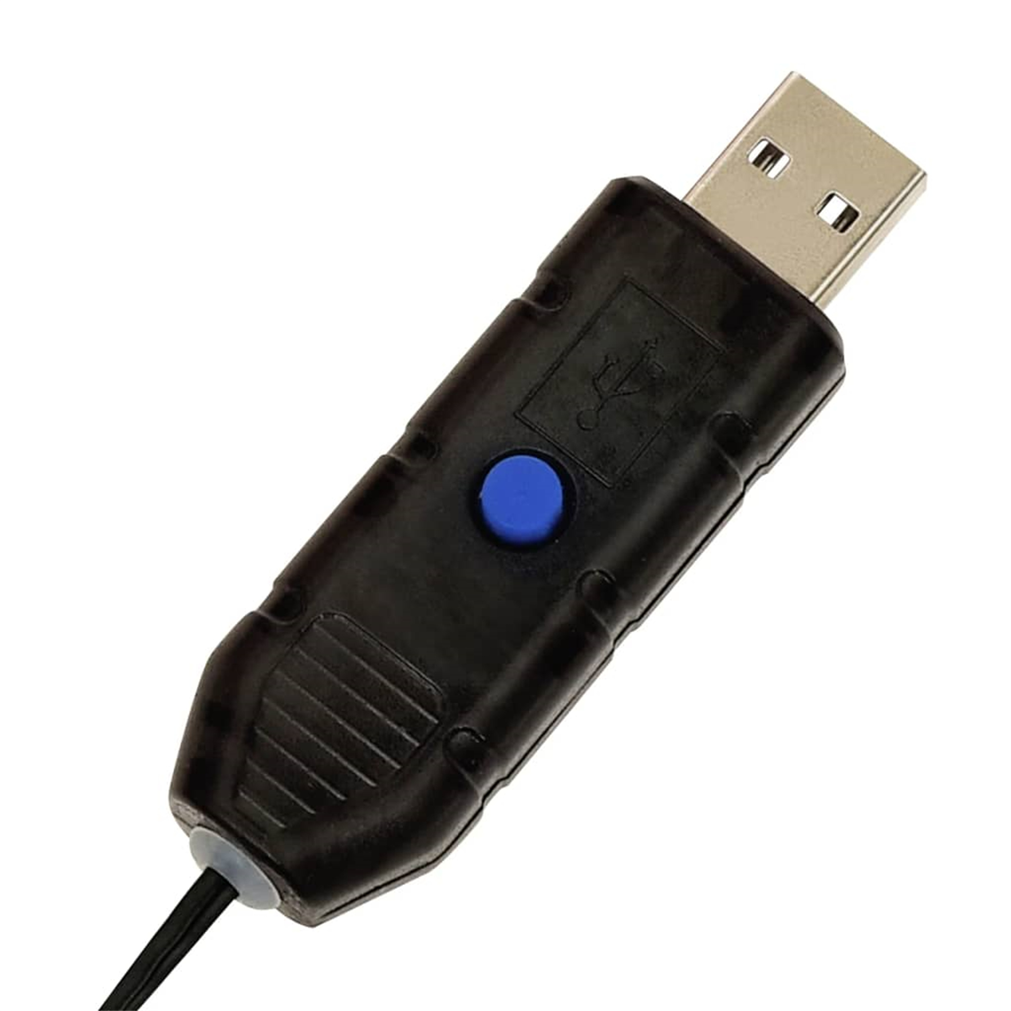 Ein schwarzer USB-Adapter mit blauem Knopf und USB-Anschluss. Ein schwarzes Kabel geht vom Adapter ab.