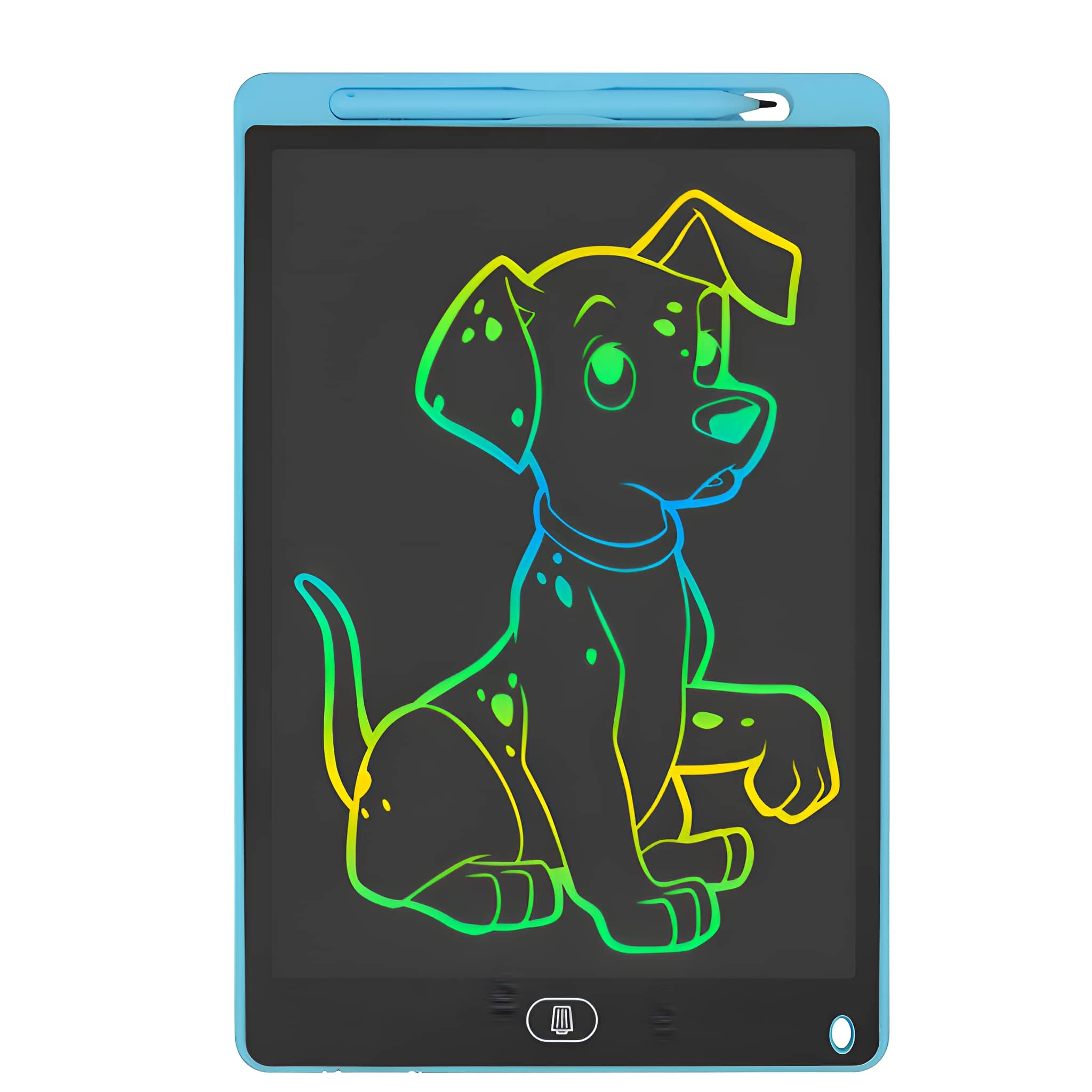 Blaues Tablet mit einer Cartoon-Hunde-Illustration.