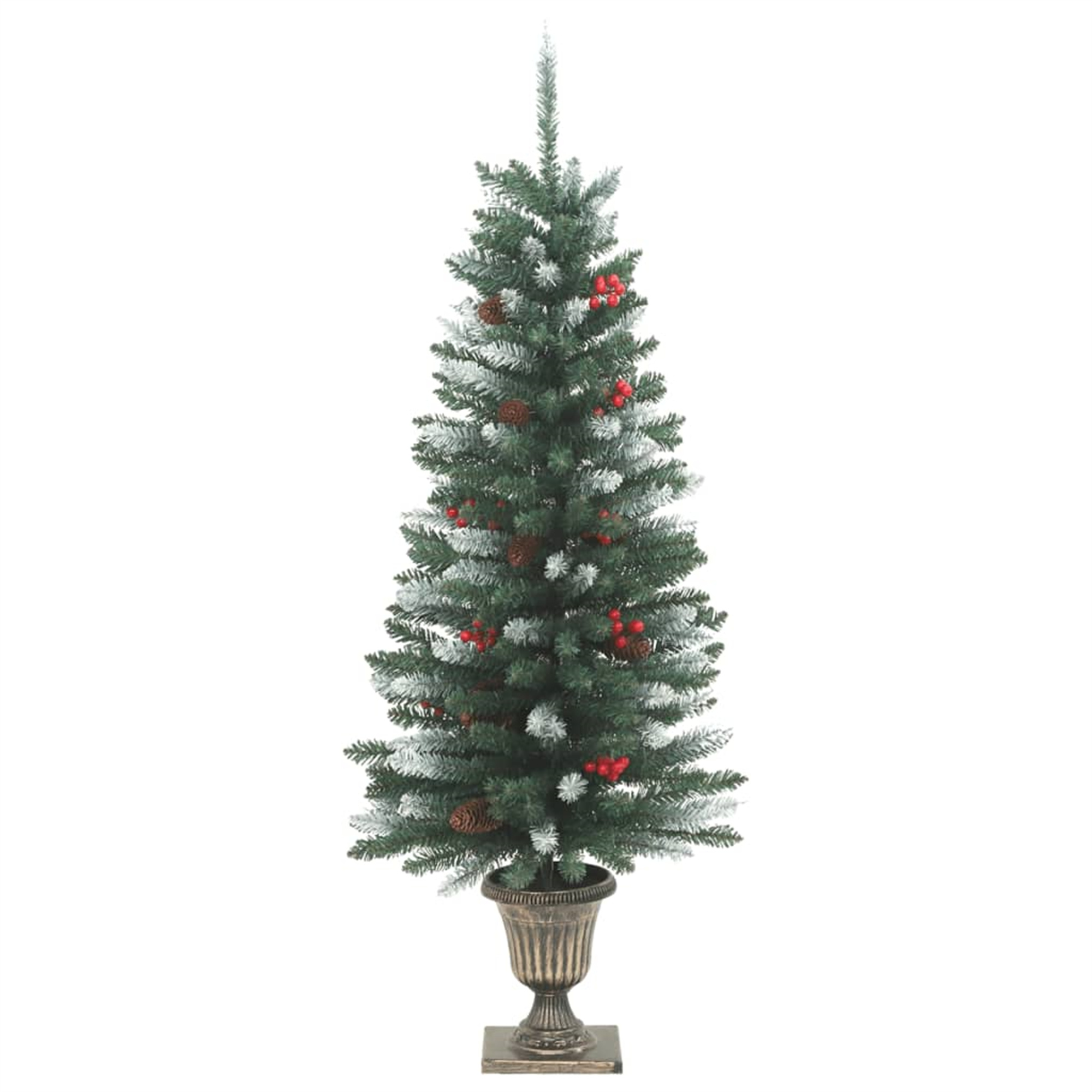 Ein hoher Weihnachtsbaum mit grünen Nadeln, roten Beeren, Tannenzapfen und Schneeeffekten, in einer Urnenbasis.