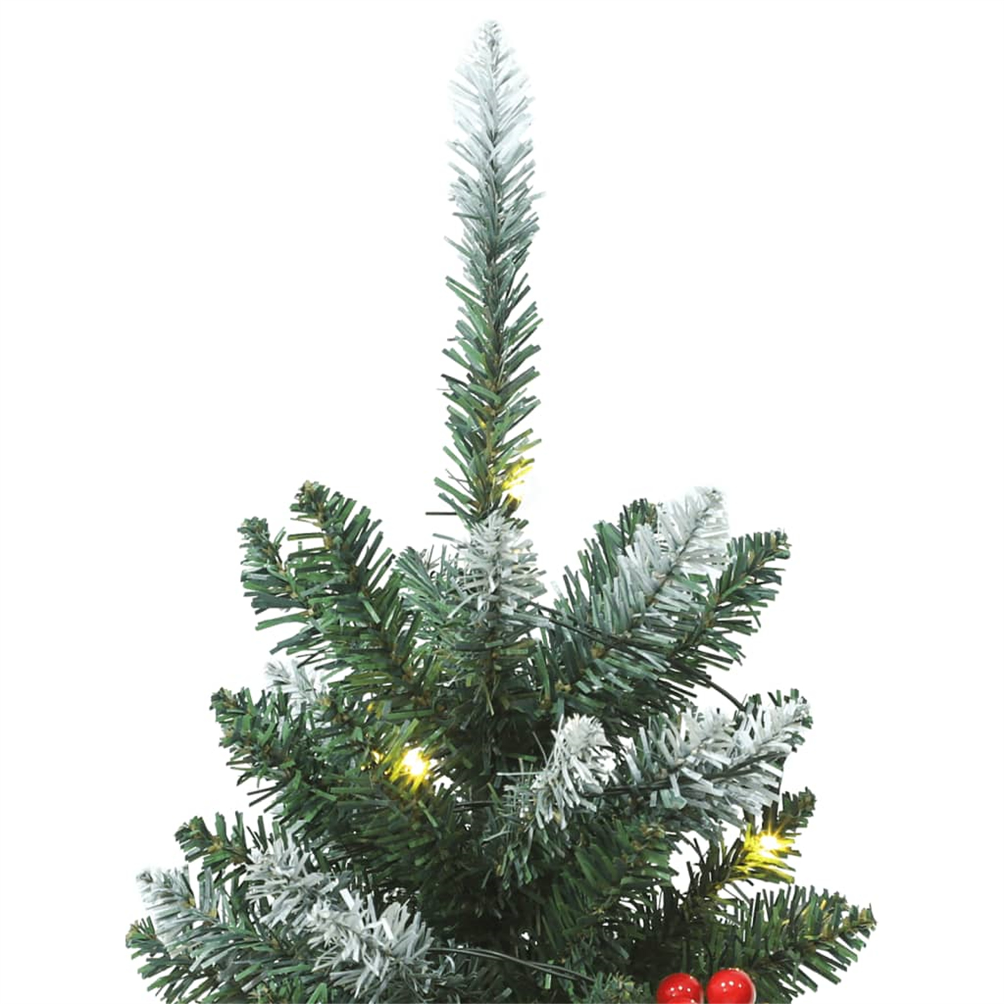 Oberteil eines Weihnachtsbaums mit schneebedeckten Zweigen und roten Ornamenten.