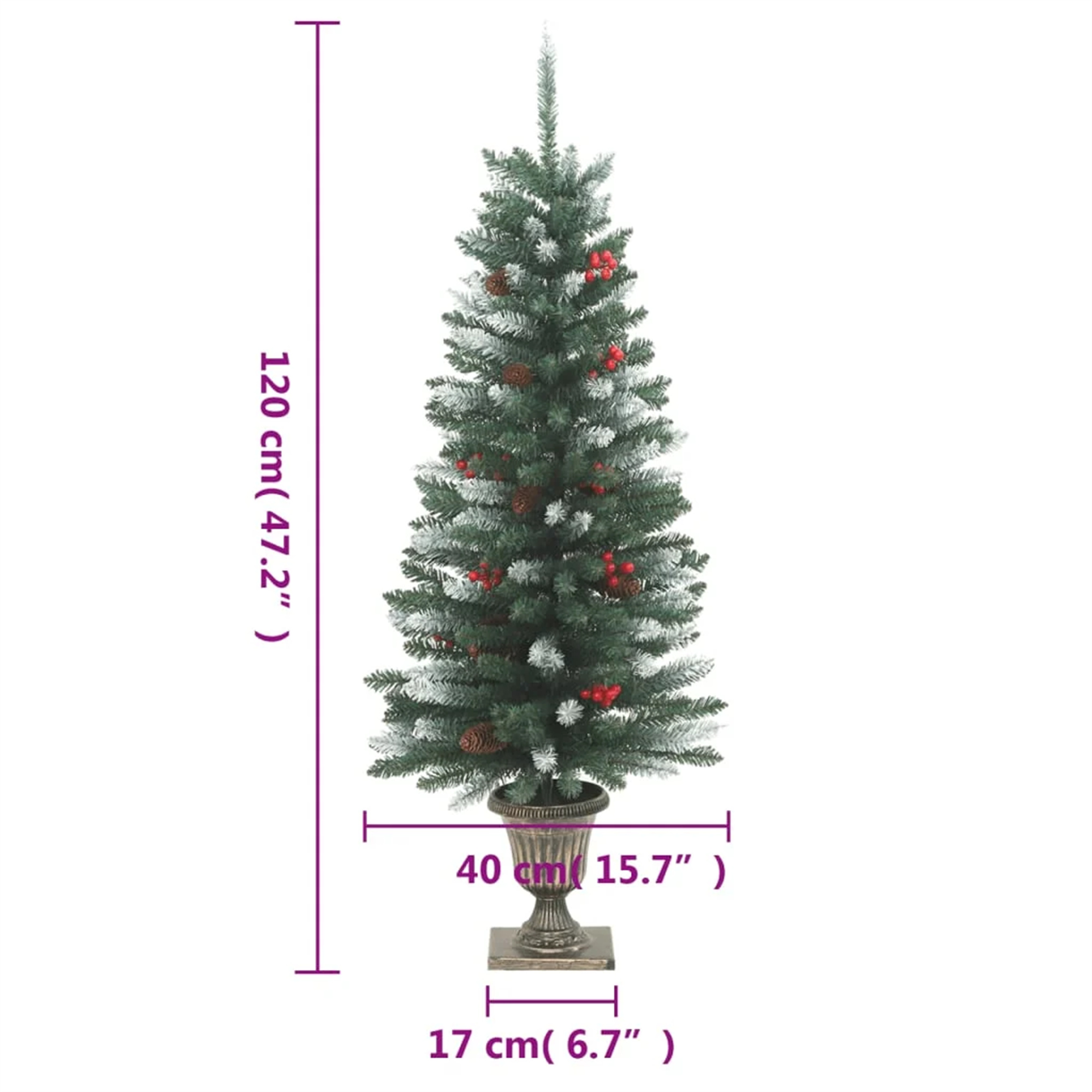 Ein hoher grüner Weihnachtsbaum in einem dekorativen Topf mit Maßen.