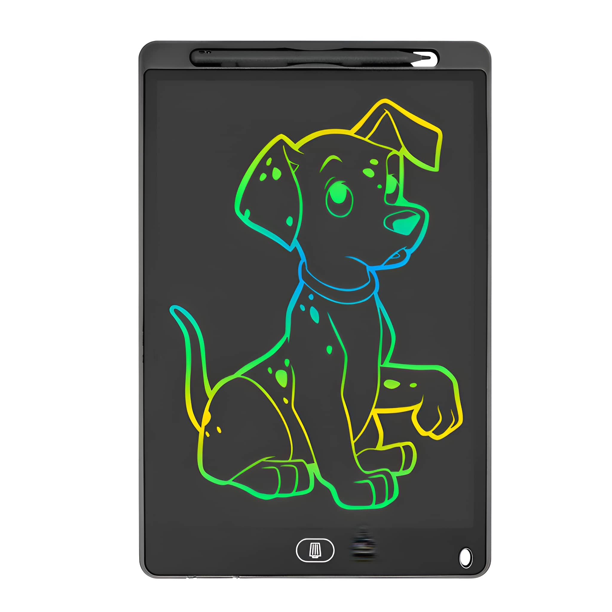 Ein schwarzes Tablet mit einer Zeichnung eines Welpen. Die Zeichnung ist bunt.