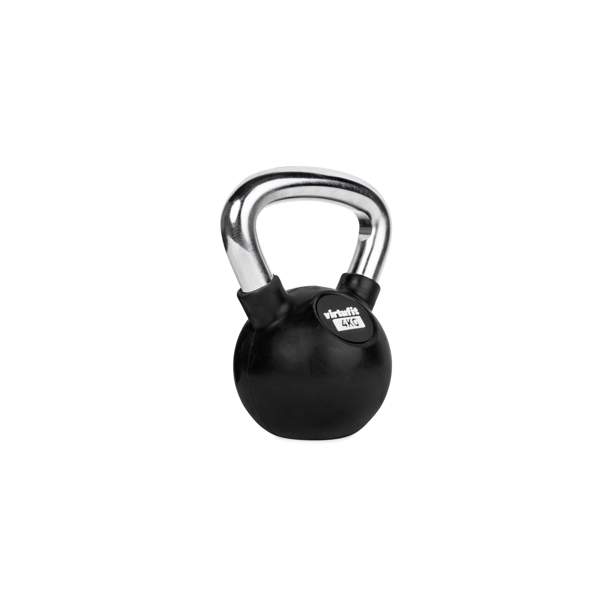 Eine schwarze Kettlebell mit silbernem Griff auf weißem Hintergrund. Sie hat ein Etikett mit dem Gewicht in kg.
