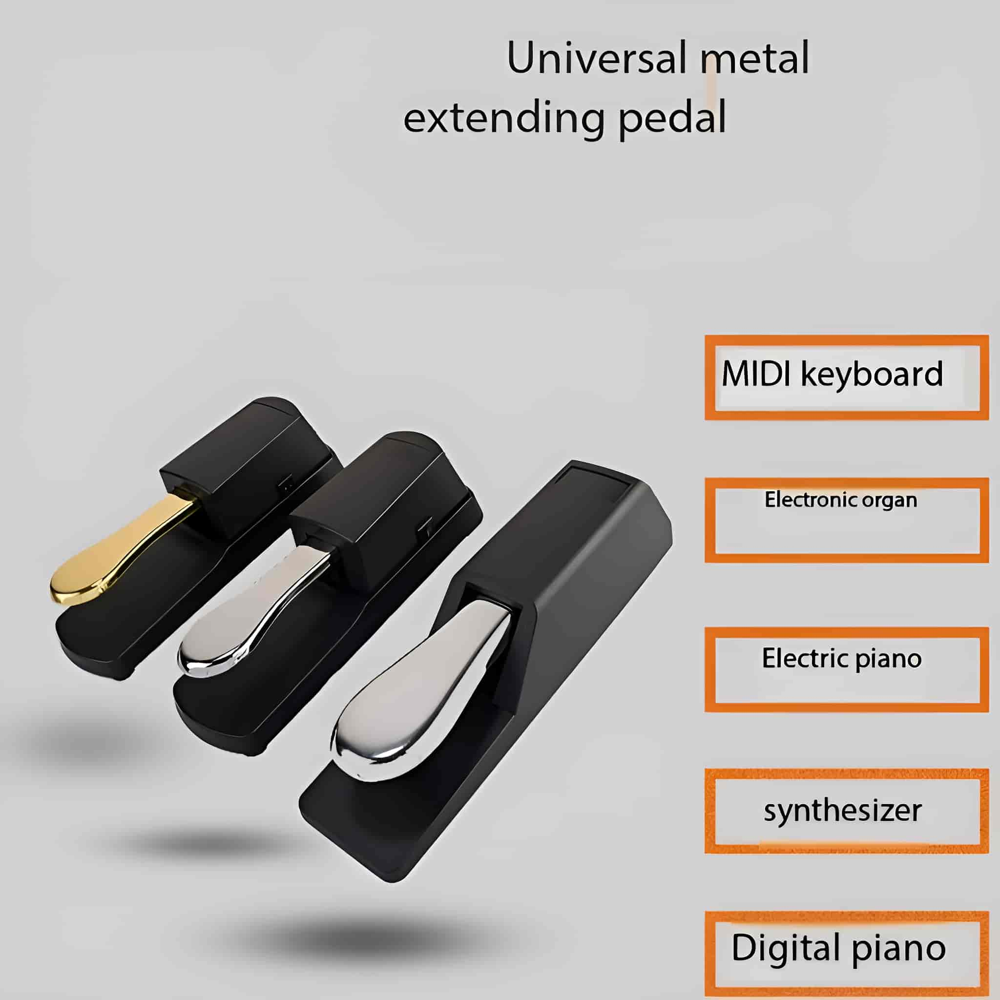 Drei Metallpedale, gekennzeichnet für ein MIDI-Keyboard, eine elektronische Orgel, ein E-Piano, einen Synthesizer und ein Digitalpiano.