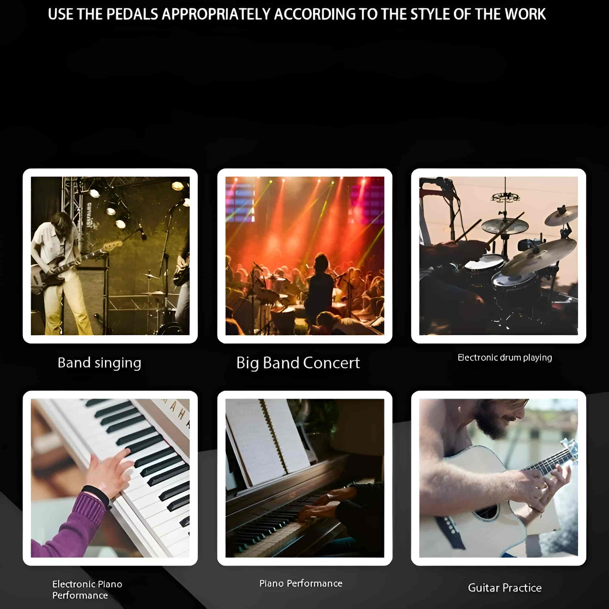Mehrere Bilder von musikalischen Darbietungen: Band, Konzert, Schlagzeug, Klavier und Gitarre.