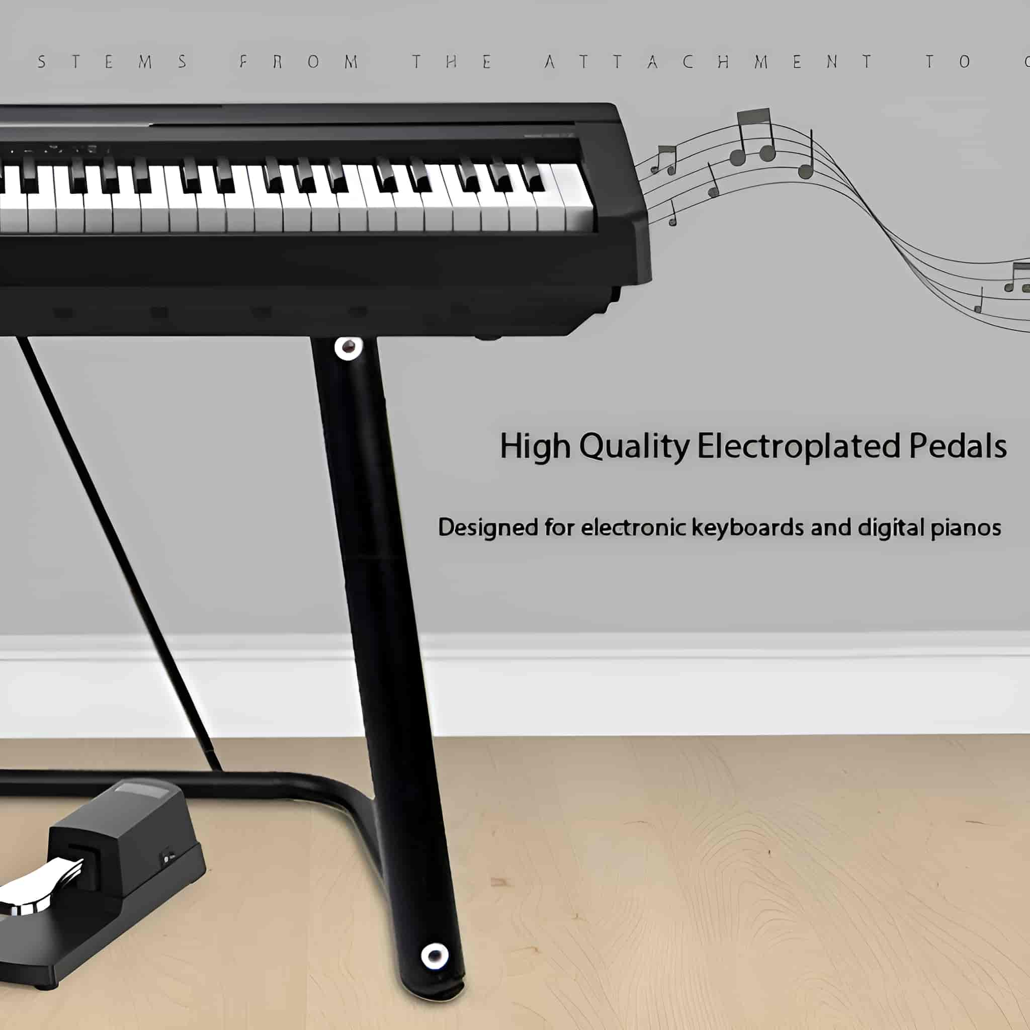Schwarze elektronische Tastatur mit weißen Tasten, schwarzem Ständer und Pedal. Noten-Overlay.