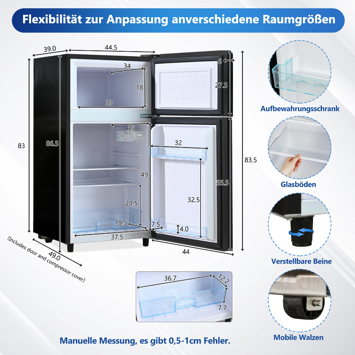 Schwarzer Minikühlschrank mit Maßen. Text auf Deutsch, beschreibt Funktionen und Messungen.