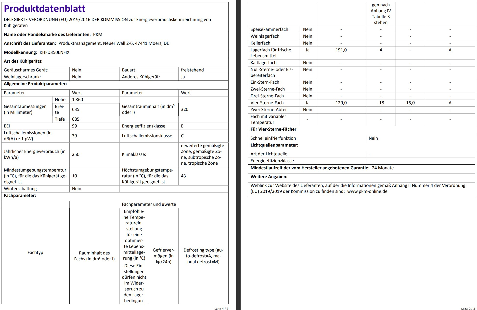 Ein Dokument mit Produktinformationen auf Deutsch. Es enthält technische Spezifikationen und Parameter.