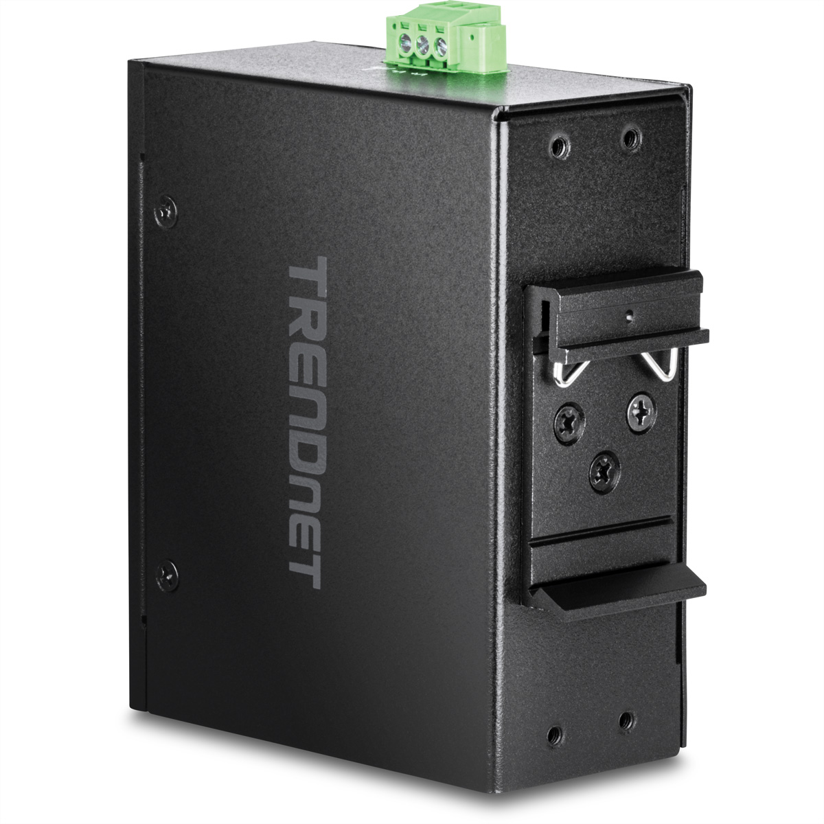 Boîte métallique noire avec la marque Trendnet sur le côté. Il a plusieurs connecteurs verts sur le dessus.