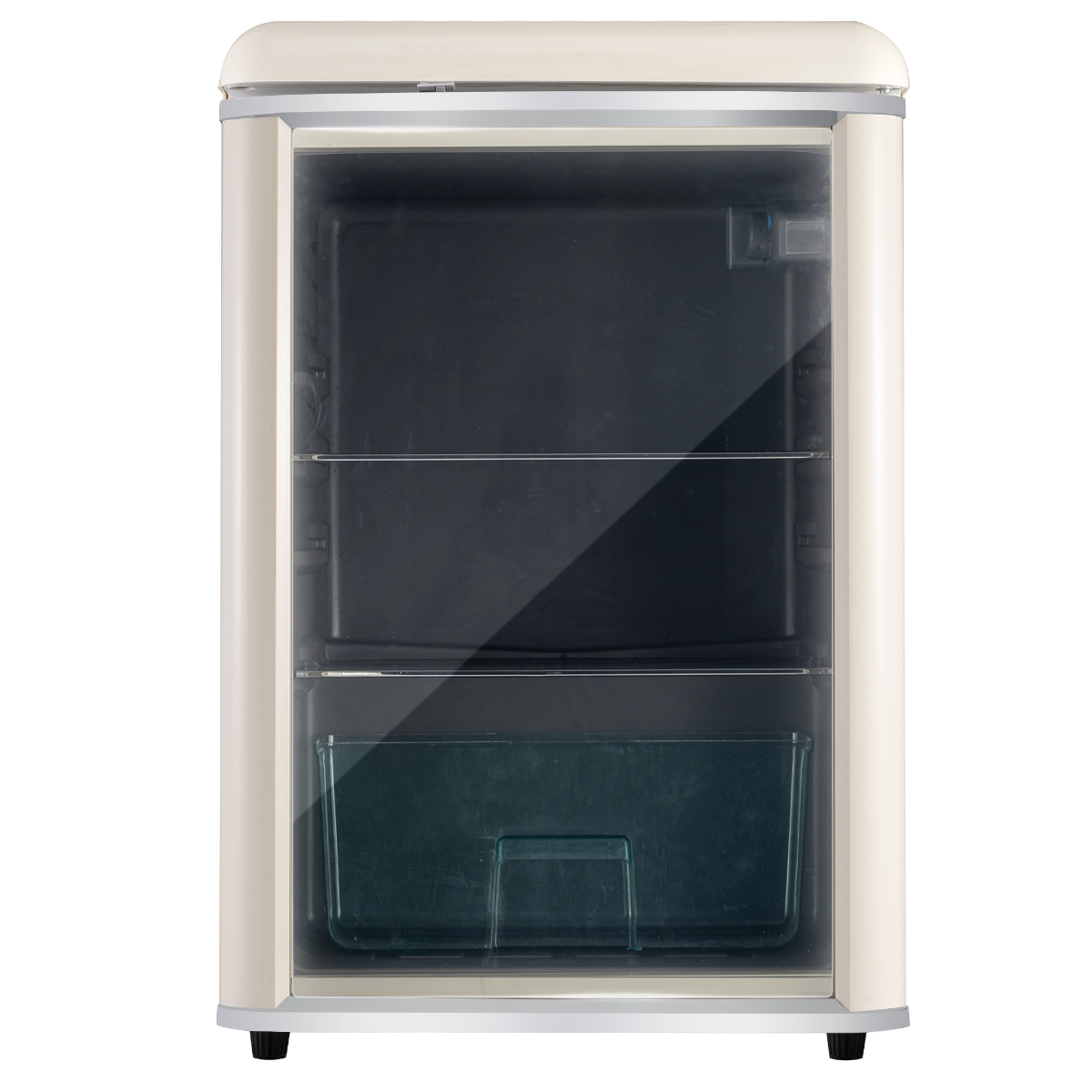 Kleiner Kühlschrank, weißes Äußeres, Glastür und dunkler Innenraum.