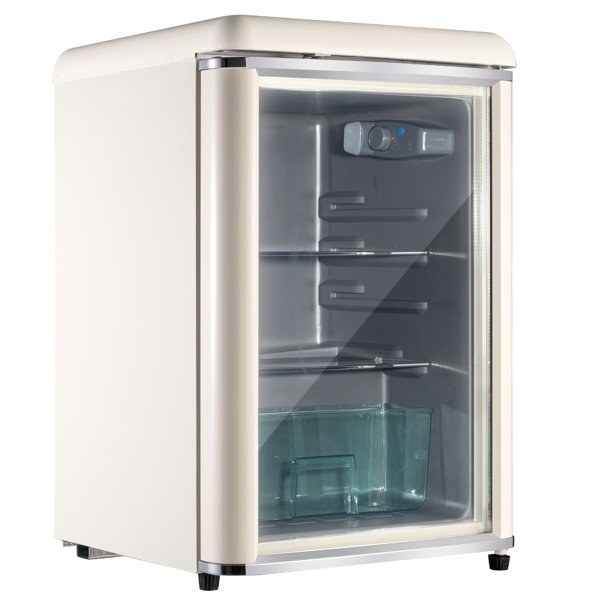 Ein kleiner weißer Kühlschrank mit Glastür. Der Innenraum hat Regale und eine Schublade. Der Kühlschrank ist an.