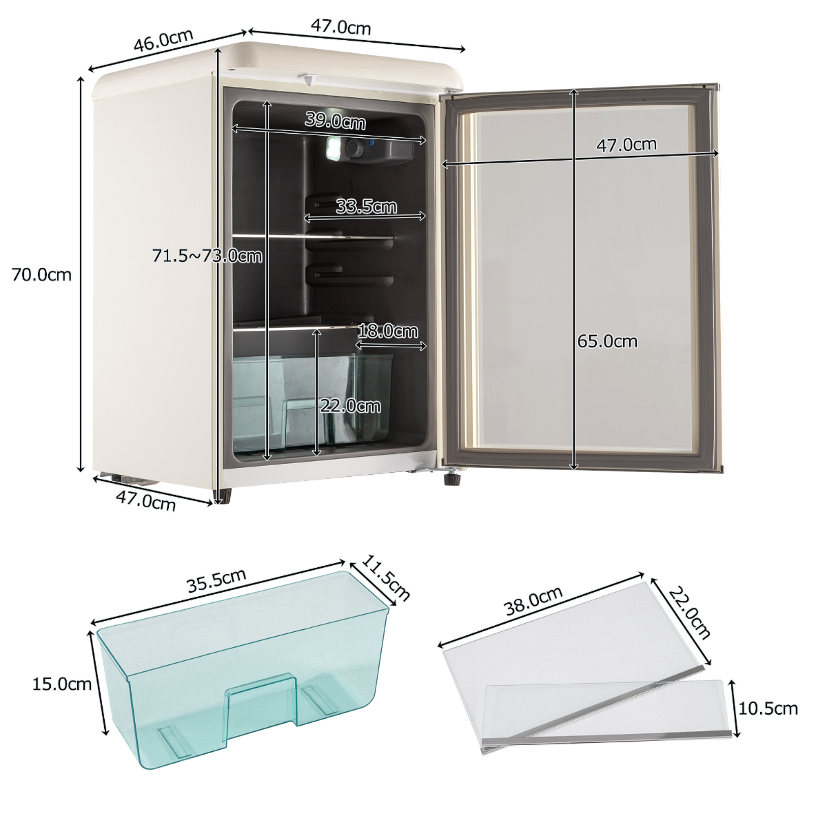 Ein weißer Kühlschrank mit offenen Türen. Abmessungen sind angegeben, einschließlich Höhe, Breite und Tiefe. Regale sind sichtbar.