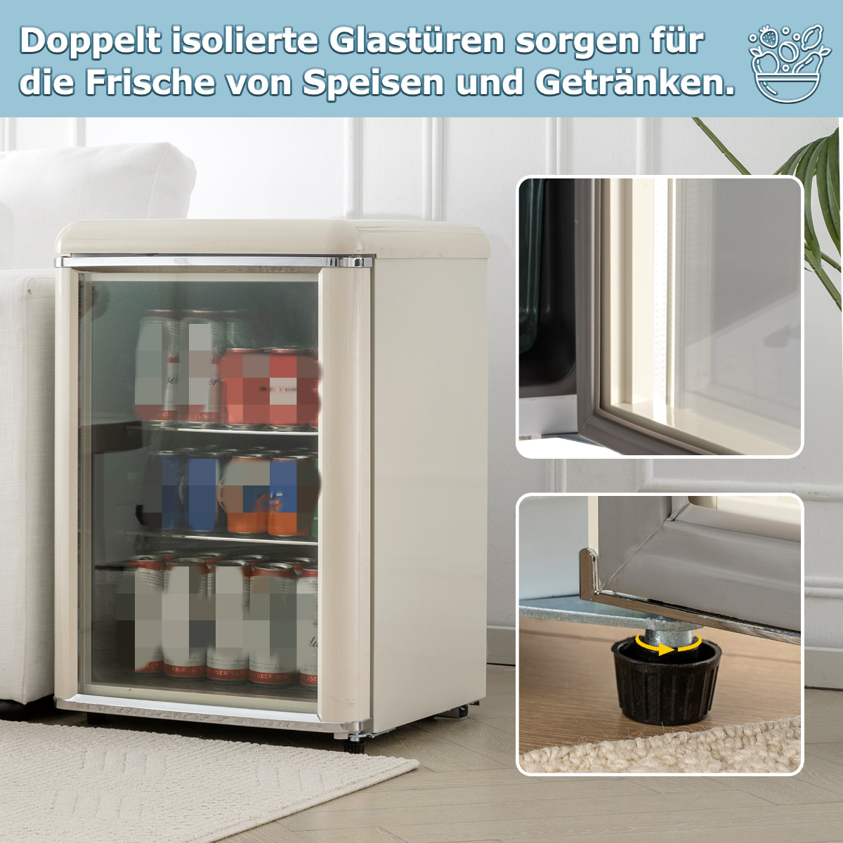 Ein Minikühlschrank mit Getränken im Inneren und Details der Tür und des verstellbaren Beins.